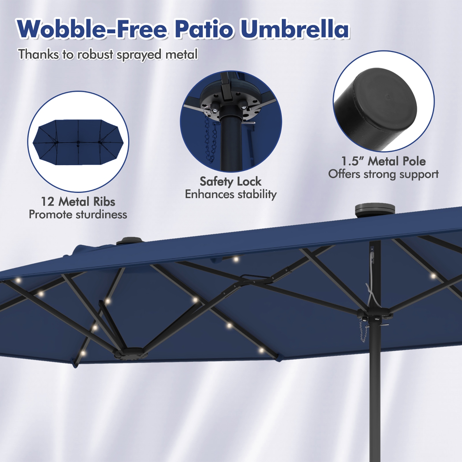 Gymax 13 FT Patio Umbrella Double-Sided Market Umbrella w/ 36 Solar-Powered LED Lights Navy