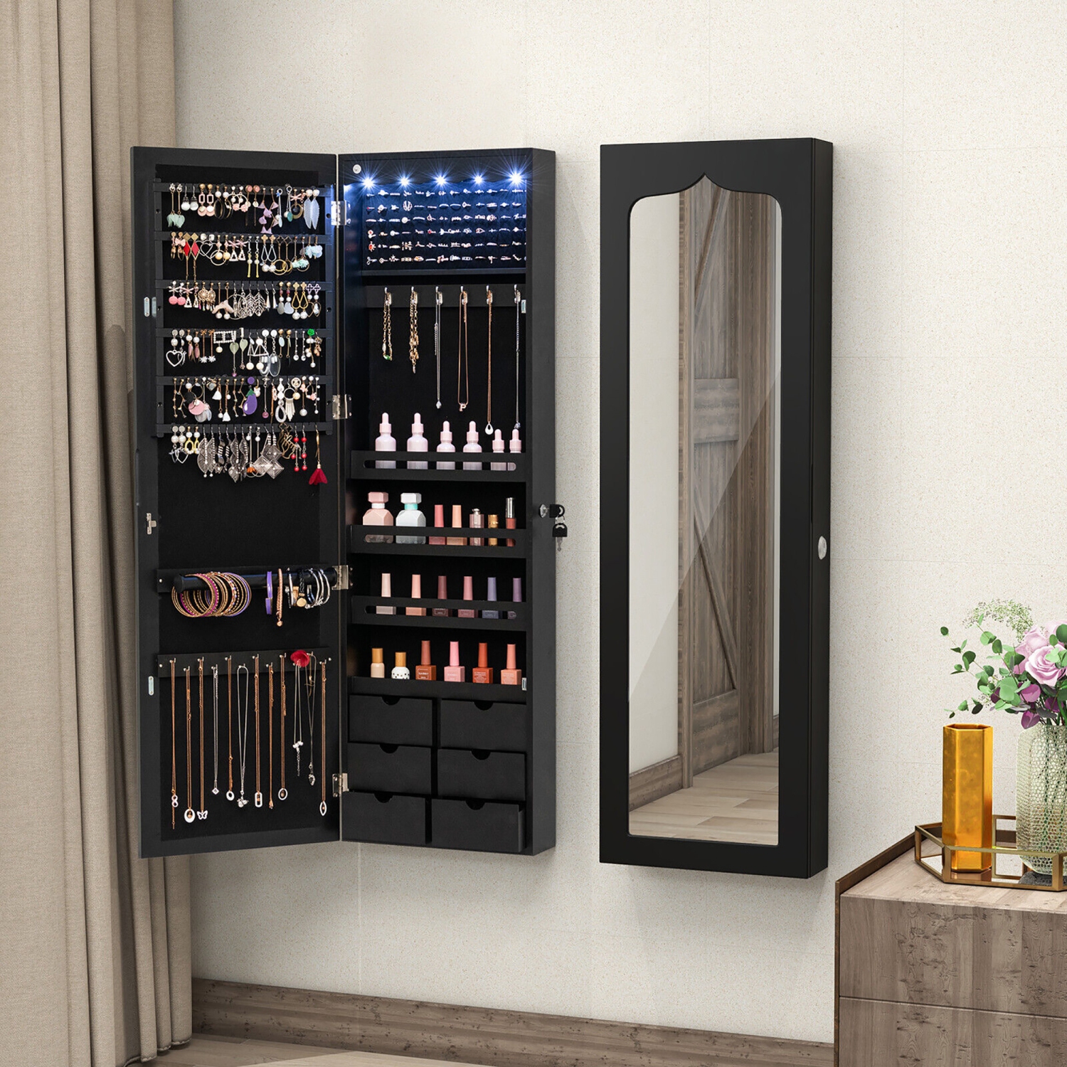 Gymax Wall Door Mounted LED Mirror Jewelry Cabinet Lockable Armoire w/6 Drawers Black