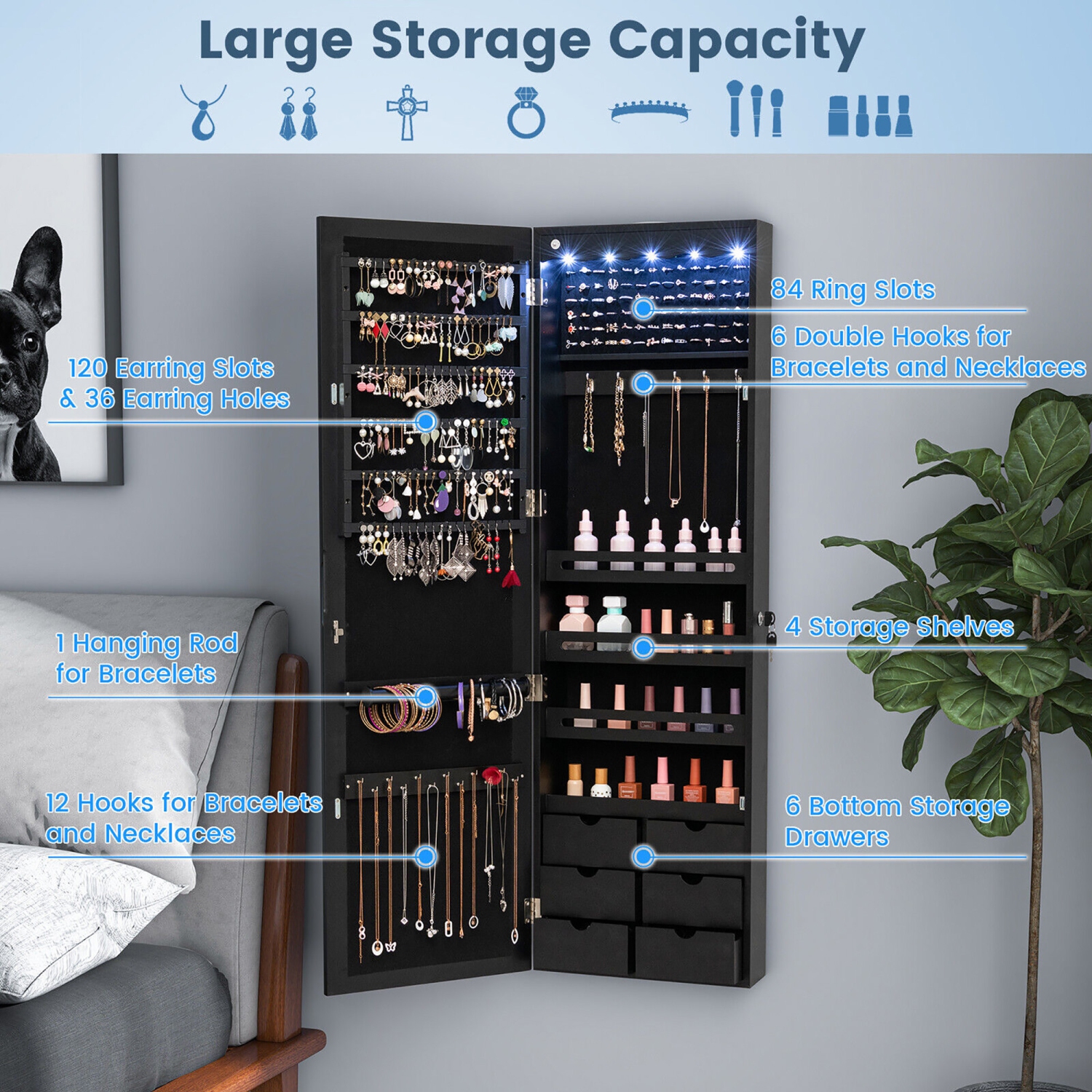 Gymax Wall Door Mounted LED Mirror Jewelry Cabinet Lockable Armoire w/6 Drawers Black