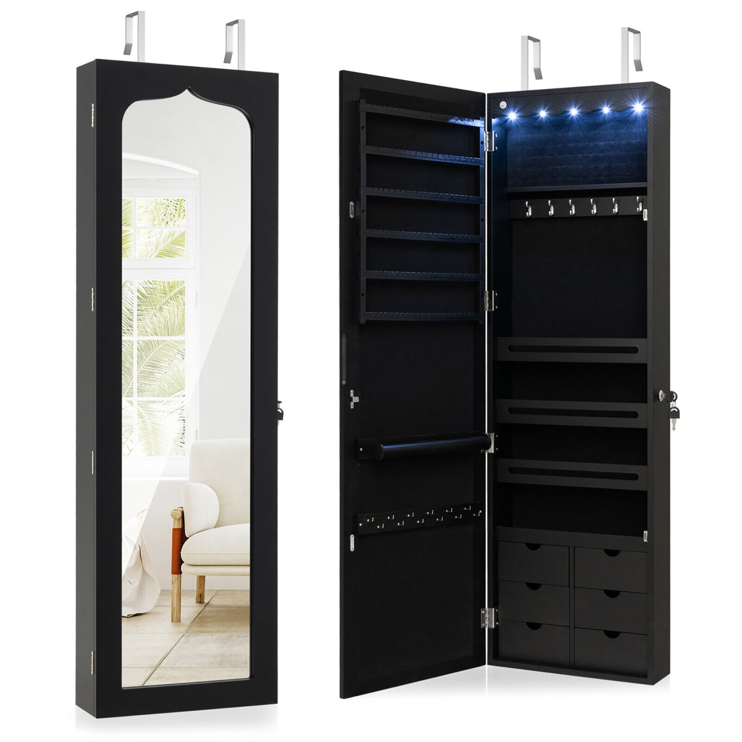 Gymax Wall Door Mounted LED Mirror Jewelry Cabinet Lockable Armoire w/6 Drawers Black