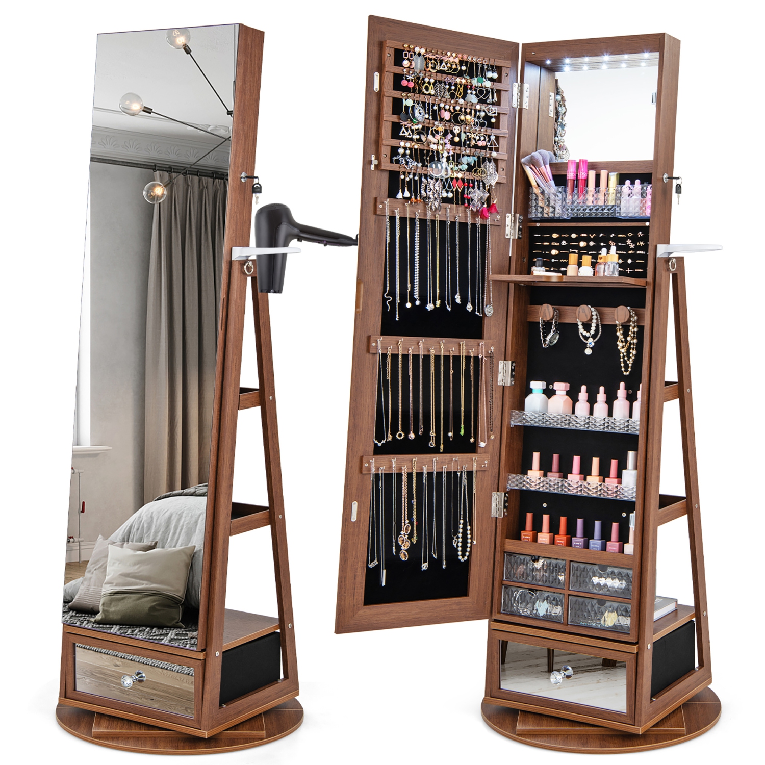 Gymax 360° Swivel Jewelry Cabinet Full Length Mirror w/Built-in Lights