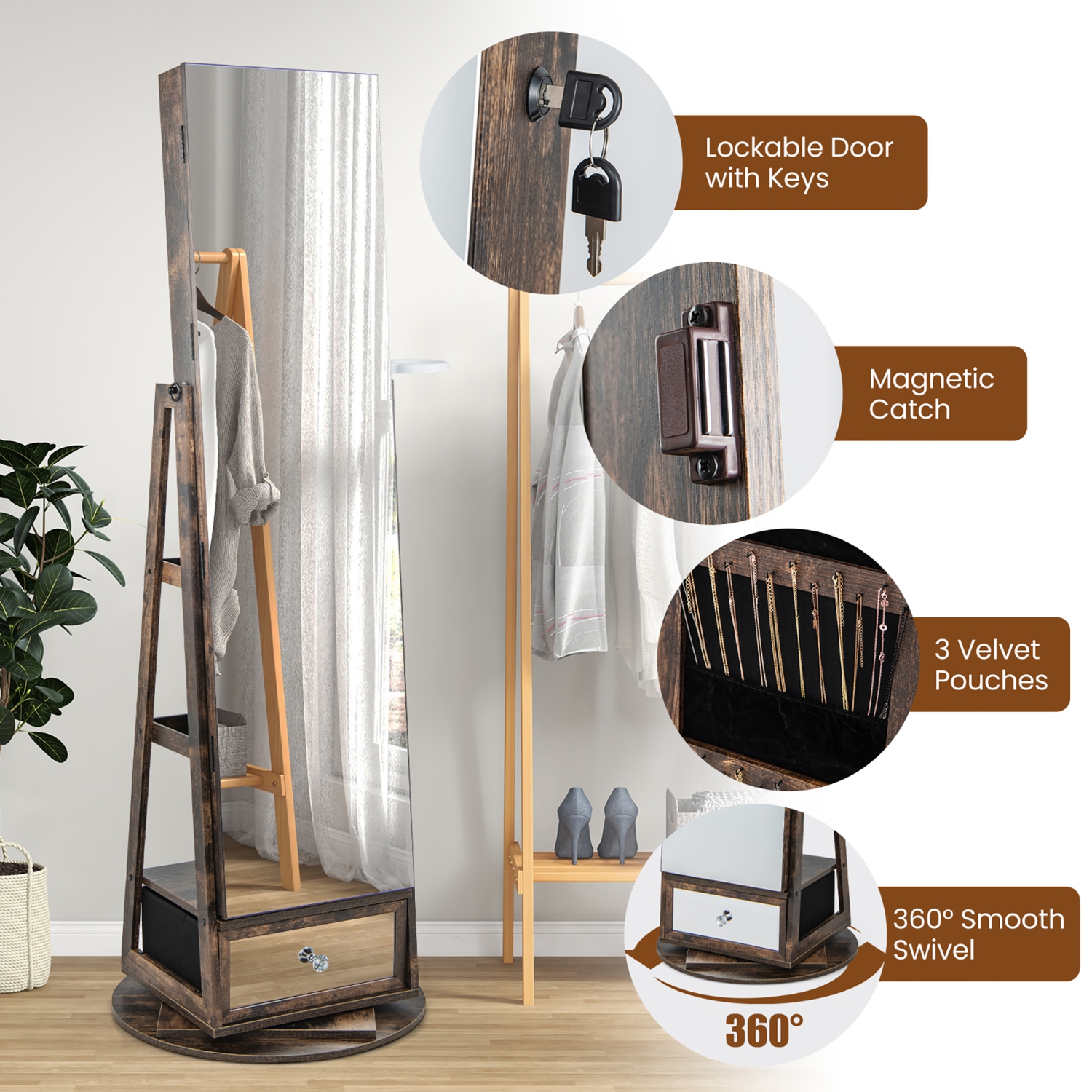 Gymax 360° Swivel Jewelry Cabinet Full Length Mirror w/Built-in Lights