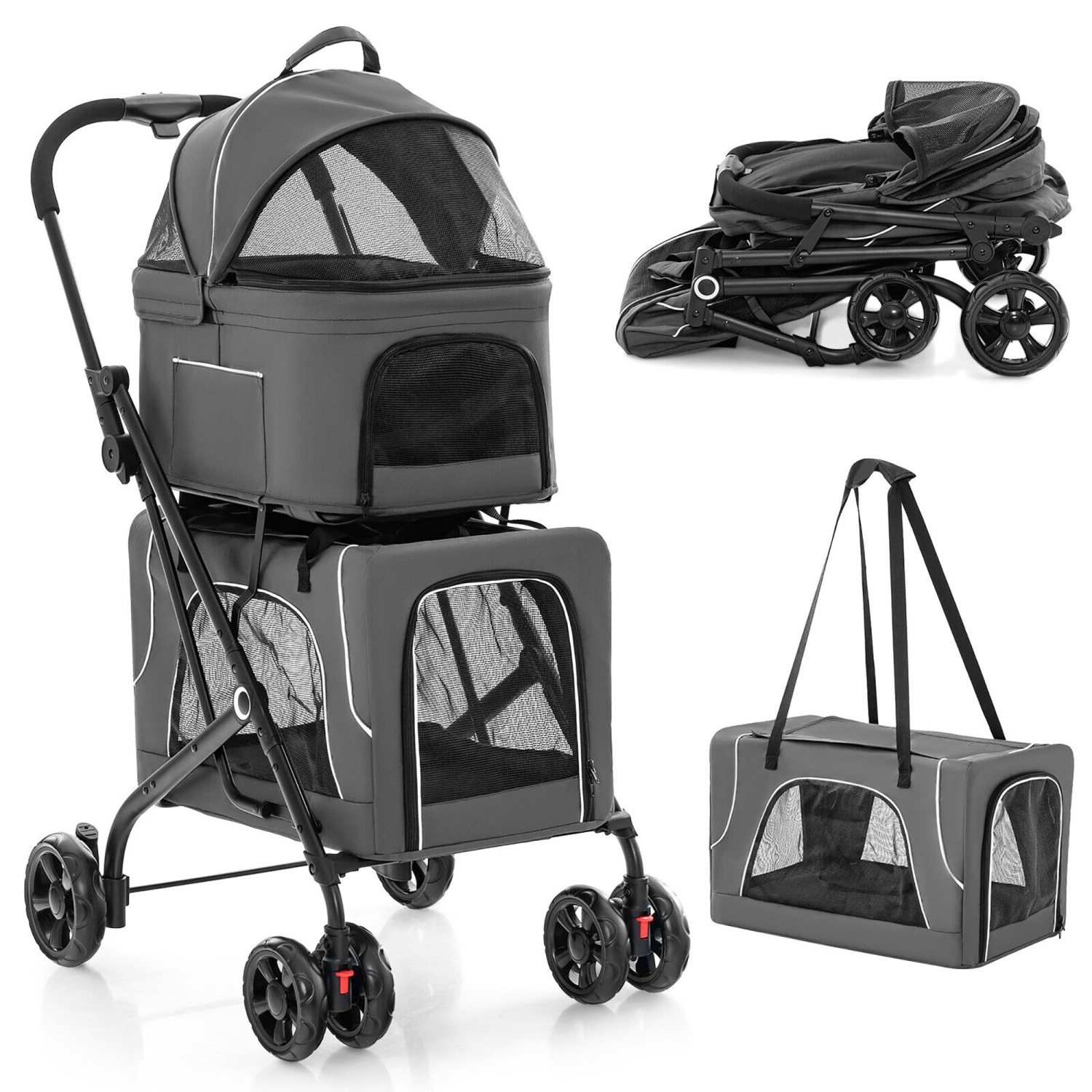 Gymax Double Pet Stroller for 2 Dogs or Cats w/ 2 Detachable Carriers Safety Belt Gray