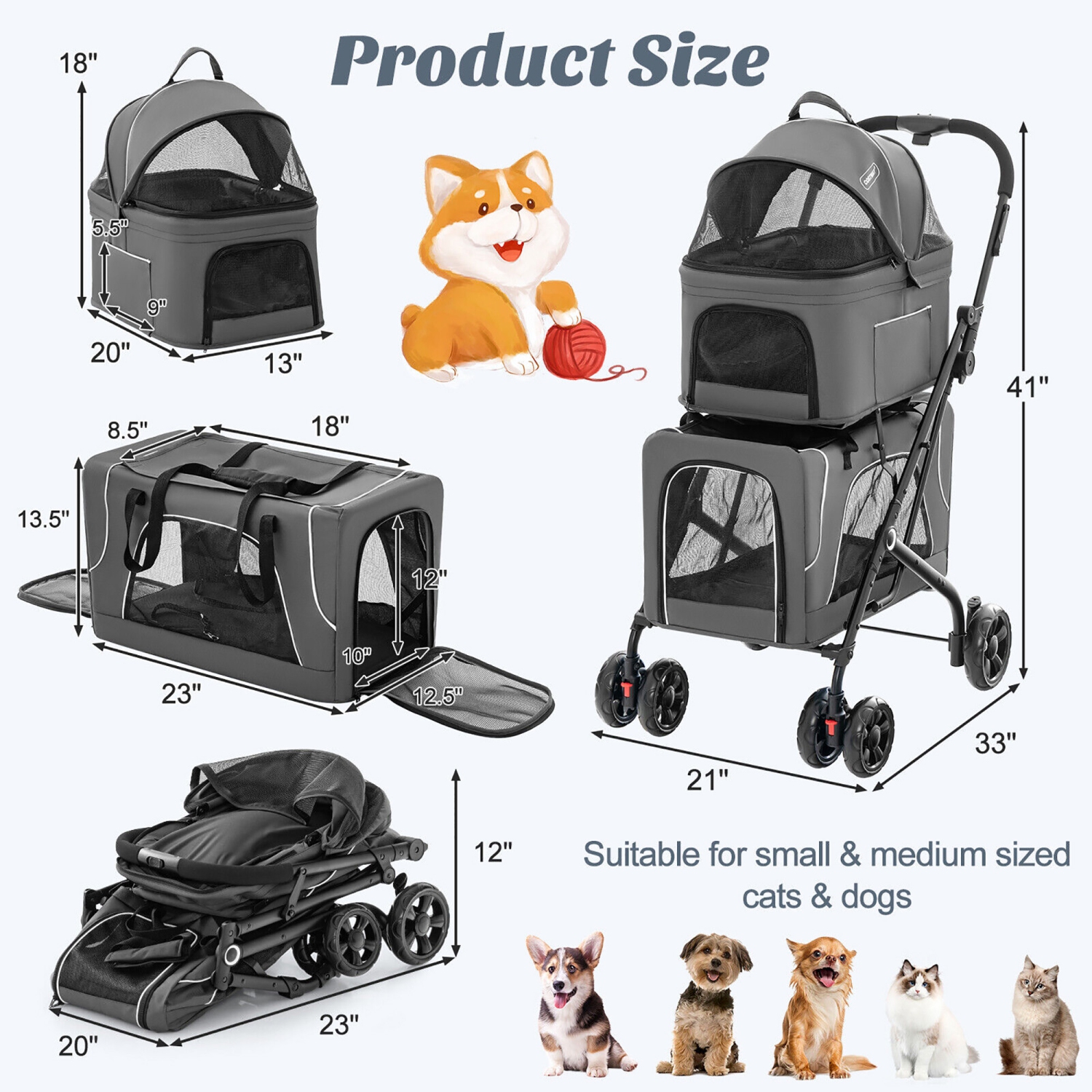 Gymax Double Pet Stroller for 2 Dogs or Cats w/ 2 Detachable Carriers Safety Belt Gray