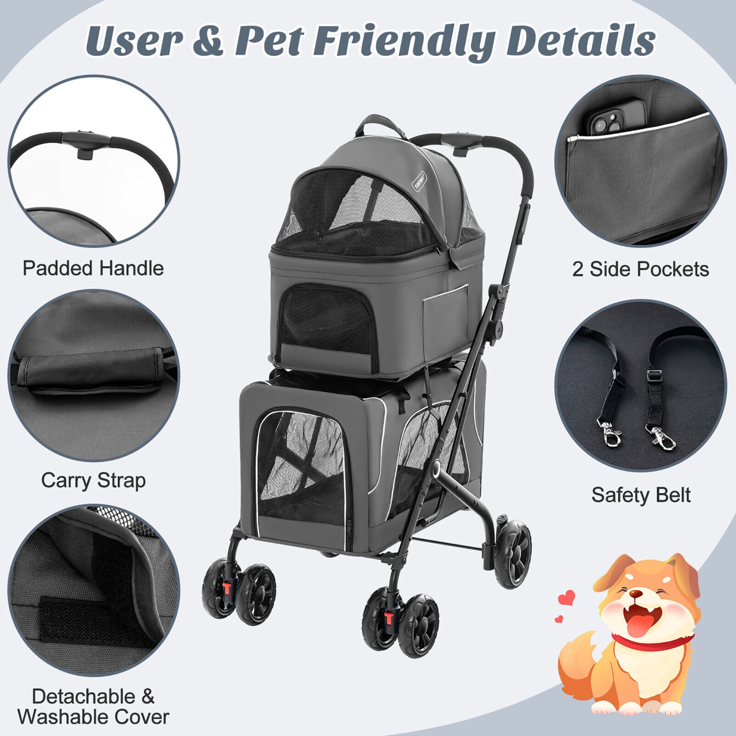 Gymax Double Pet Stroller for 2 Dogs or Cats w/ 2 Detachable Carriers Safety Belt Gray