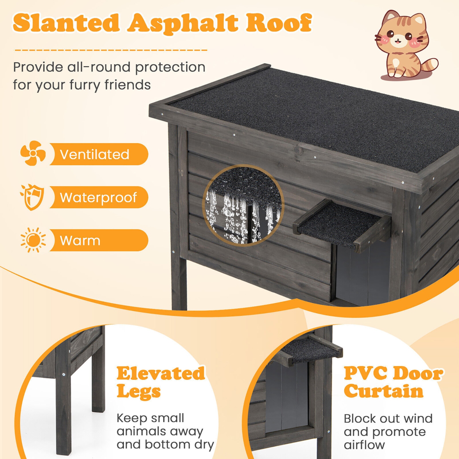 Gymax Insulated Wooden Cat House w/ All-Round Foam Insulated Double Room Outdoor
