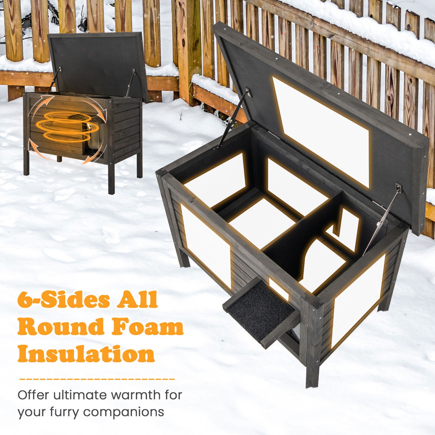 Gymax Insulated Wooden Cat House w/ All-Round Foam Insulated Double Room Outdoor