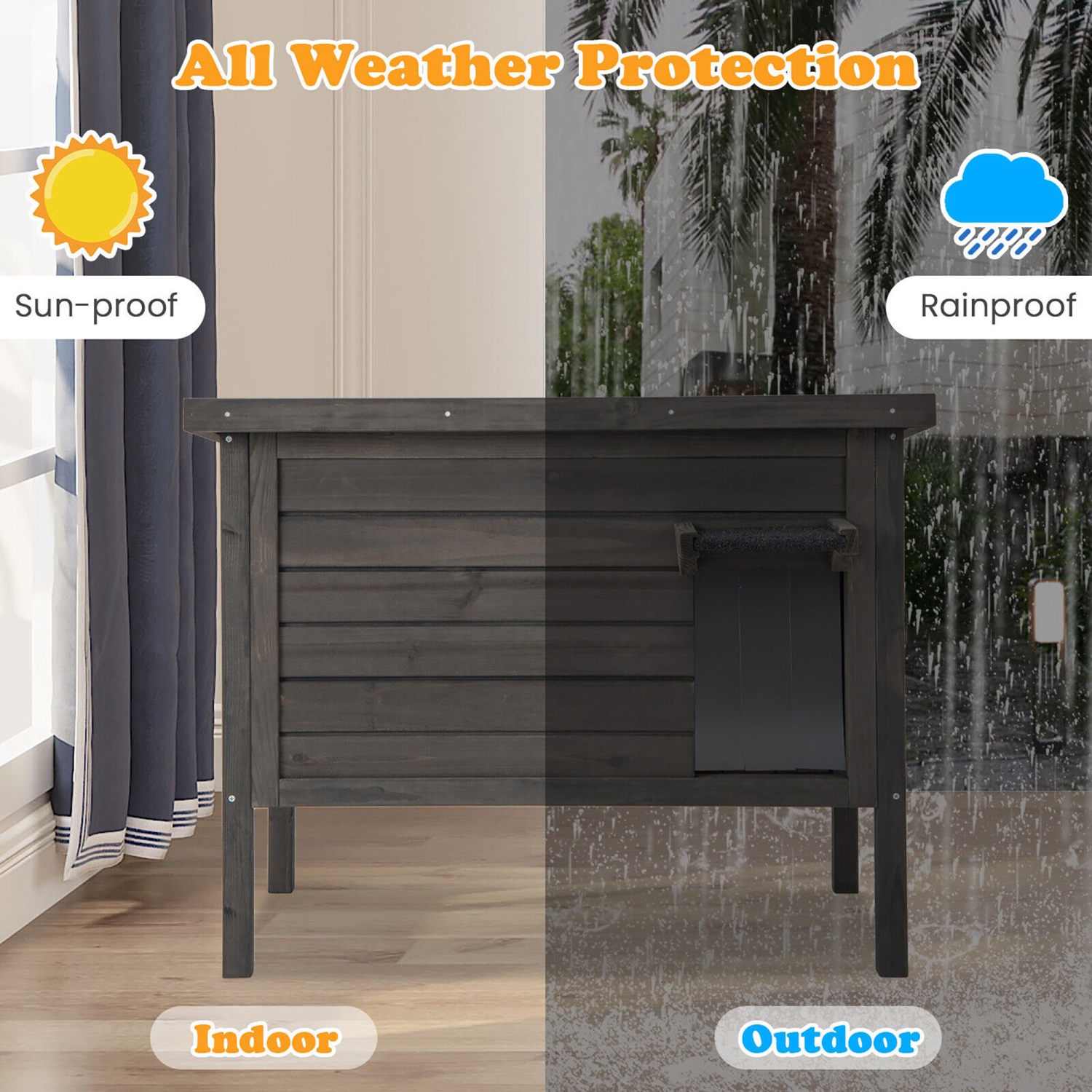 Gymax Insulated Wooden Cat House w/ All-Round Foam Insulated Double Room Outdoor