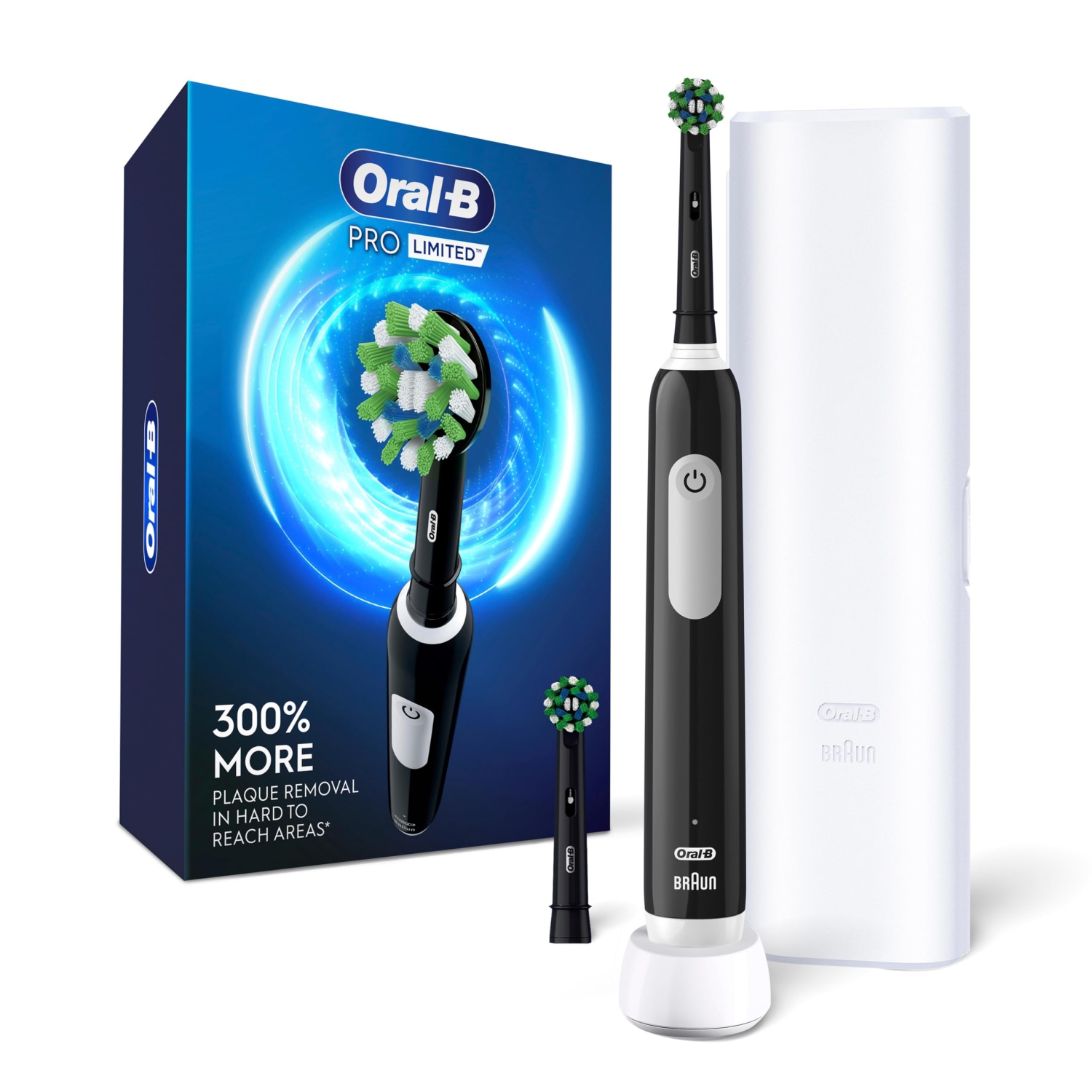 Oral-B Pro Limited Electric Toothbrush, Black, Rechargeable Power Toothbrush with 2 Brush Heads and Travel Case