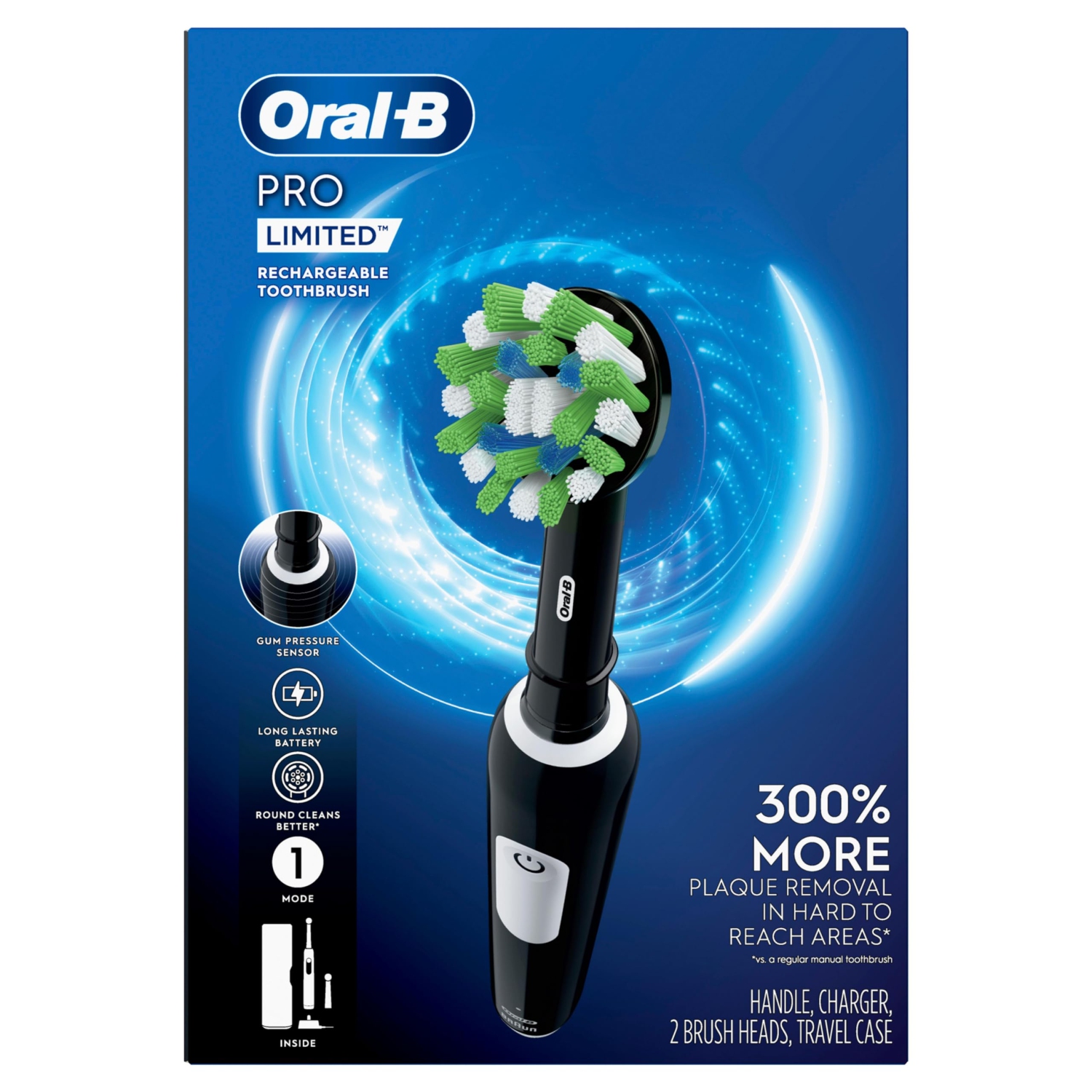 Oral-B Pro Limited Electric Toothbrush, Black, Rechargeable Power Toothbrush with 2 Brush Heads and Travel Case