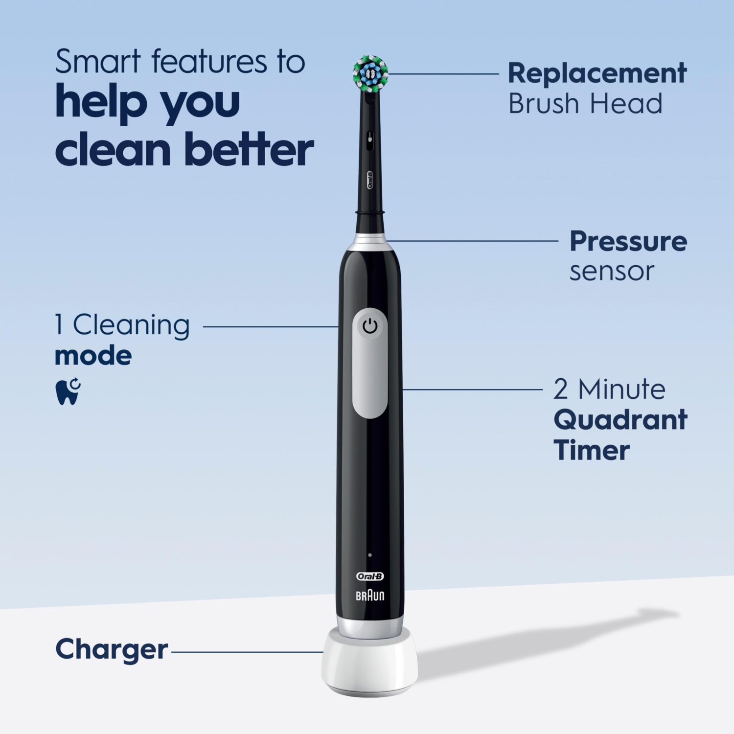 Oral-B Pro Limited Electric Toothbrush, Black, Rechargeable Power Toothbrush with 2 Brush Heads and Travel Case