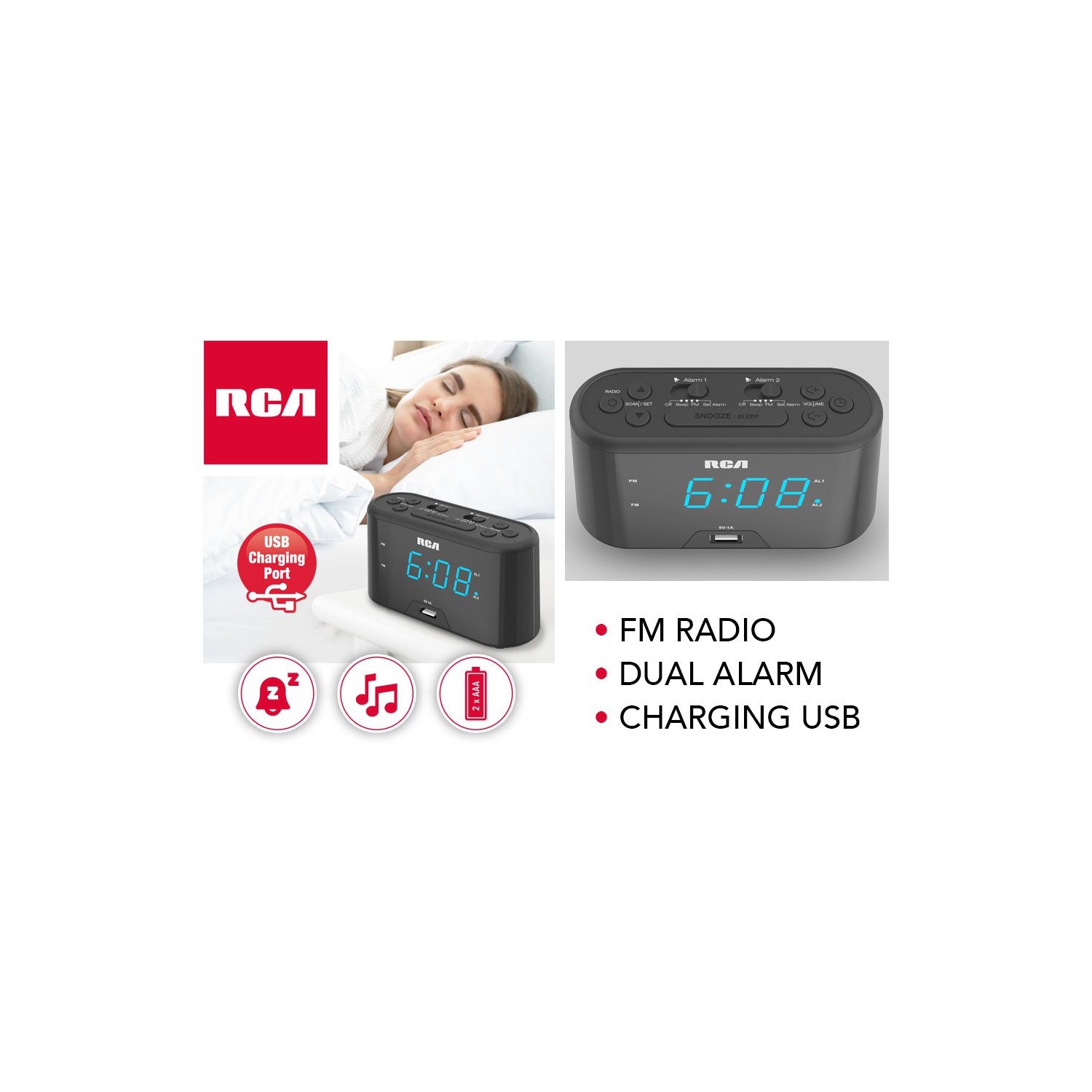 RCA Digital Clock Radio with USB Charging - Black