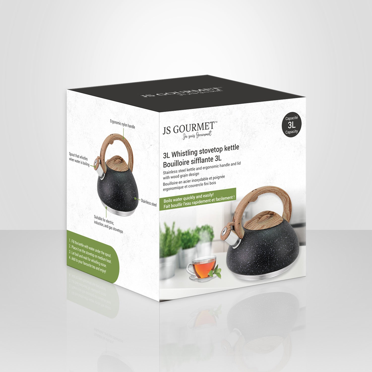 JS Gourmet - Stainless Steel Whistling Kettle, 3 Liter Capacity, Black