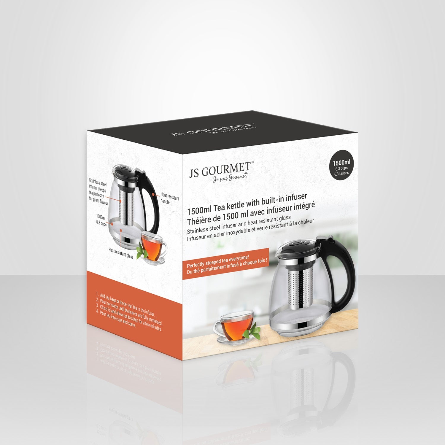JS Gourmet - Glass Kettle with Integrated Tea Infuser, 1500ml Capacity