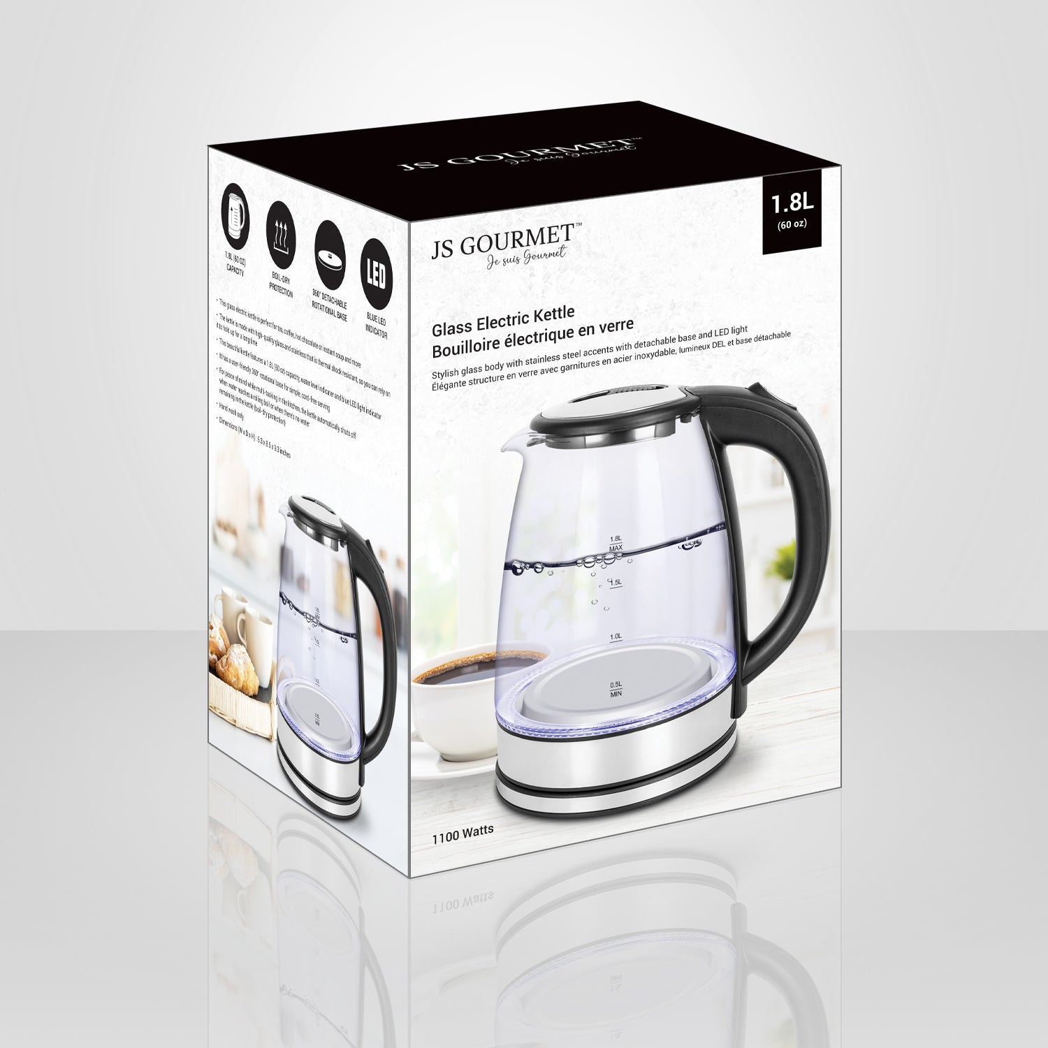 JS Gourmet - Electric Glass Kettle with LED Light, 1.8 Liter Capacity, 1100 Watts