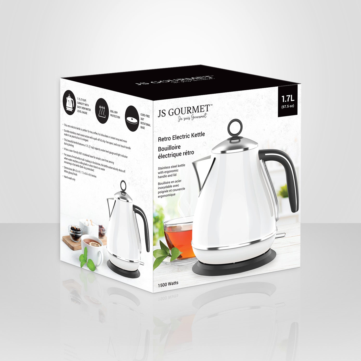 JS Gourmet - bouilloire électrique rétro en acier inoxydable, capacité de 1,7 litre, blanc