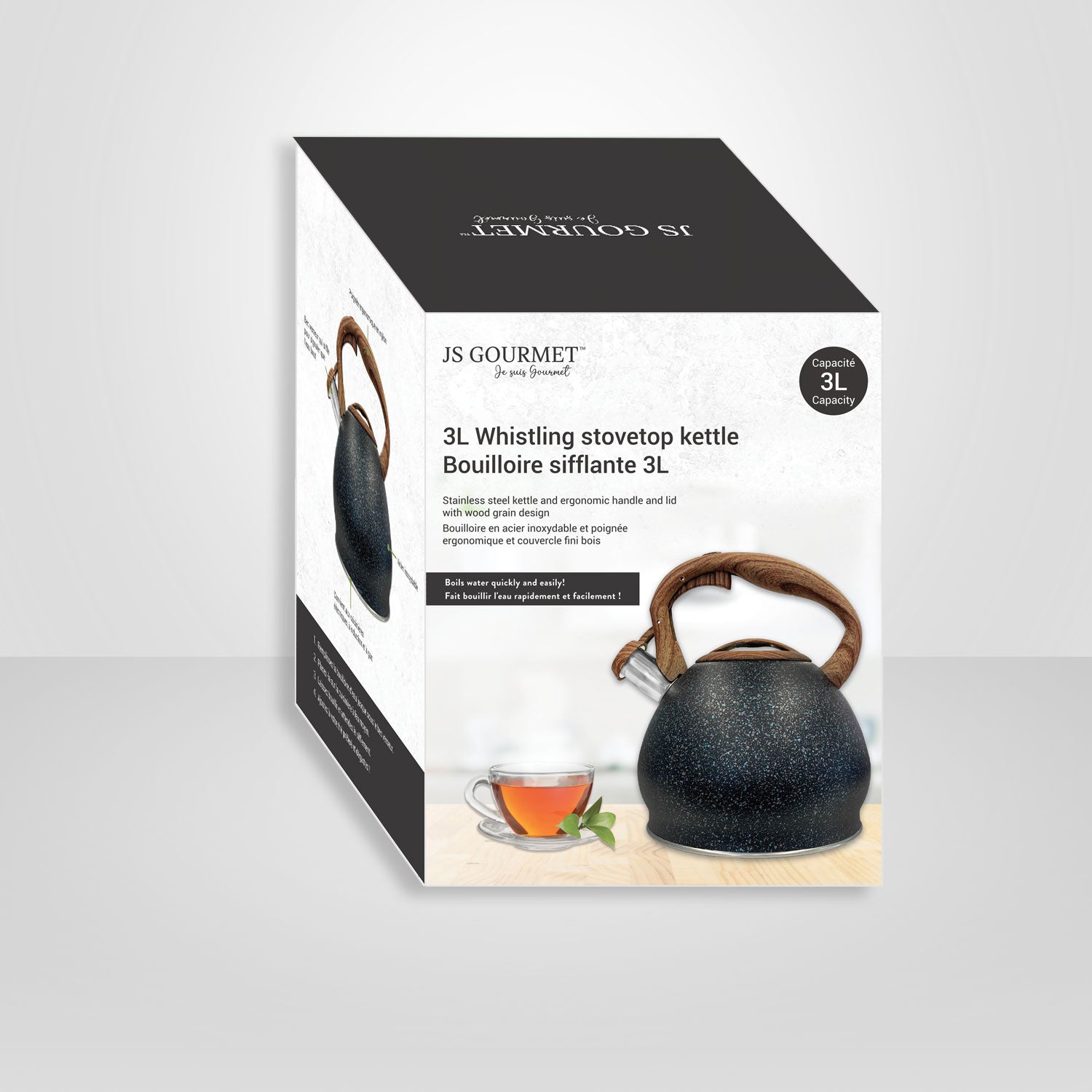 JS Gourmet - Stainless Steel Whistling Kettle, 3 Liter Capacity, Black