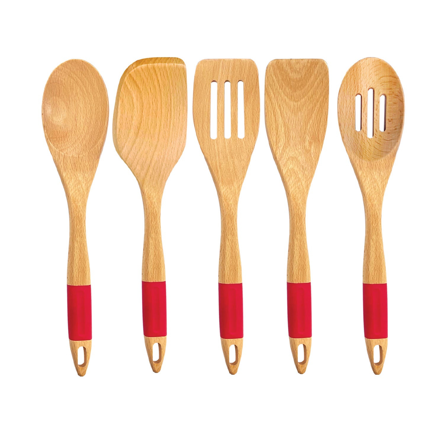 JS Gourmet – Ensemble d’ustensiles de cuisine 5 pièces en bois de hêtre et en silicone, rouge