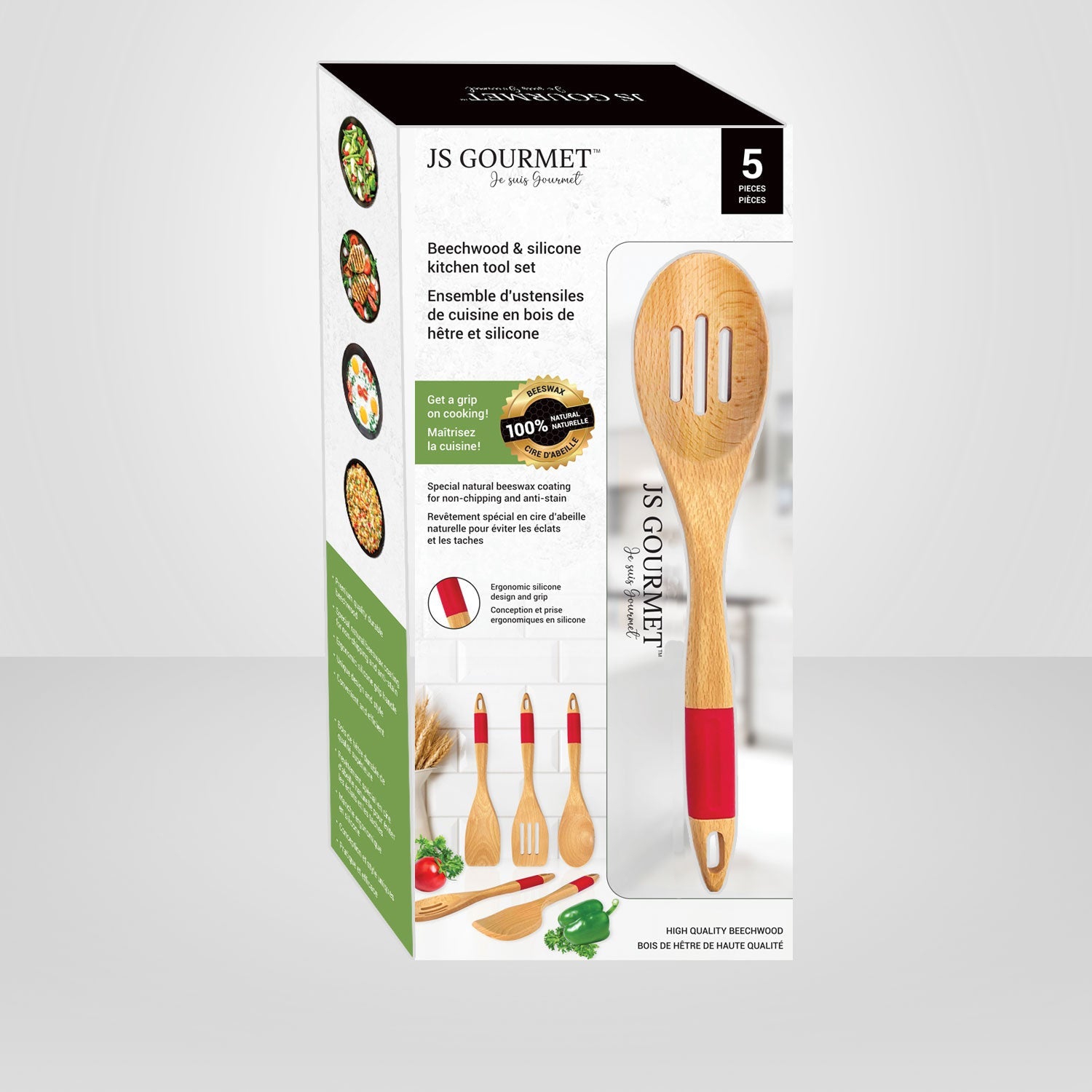 JS Gourmet – Ensemble d’ustensiles de cuisine 5 pièces en bois de hêtre et en silicone, rouge