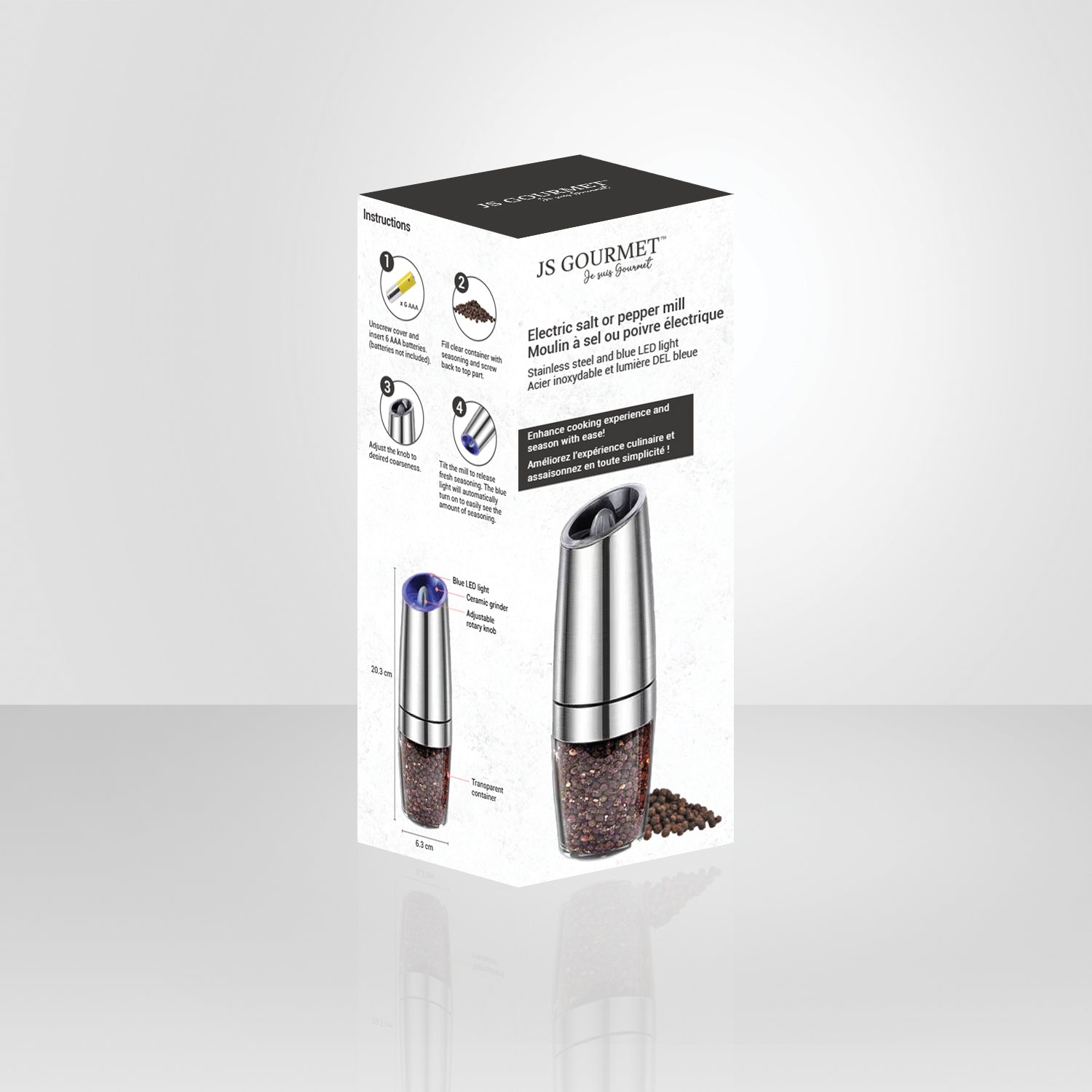 JS Gourmet – Moulin à sel électrique ou à poivre avec éclairage DEL bleu, argenté