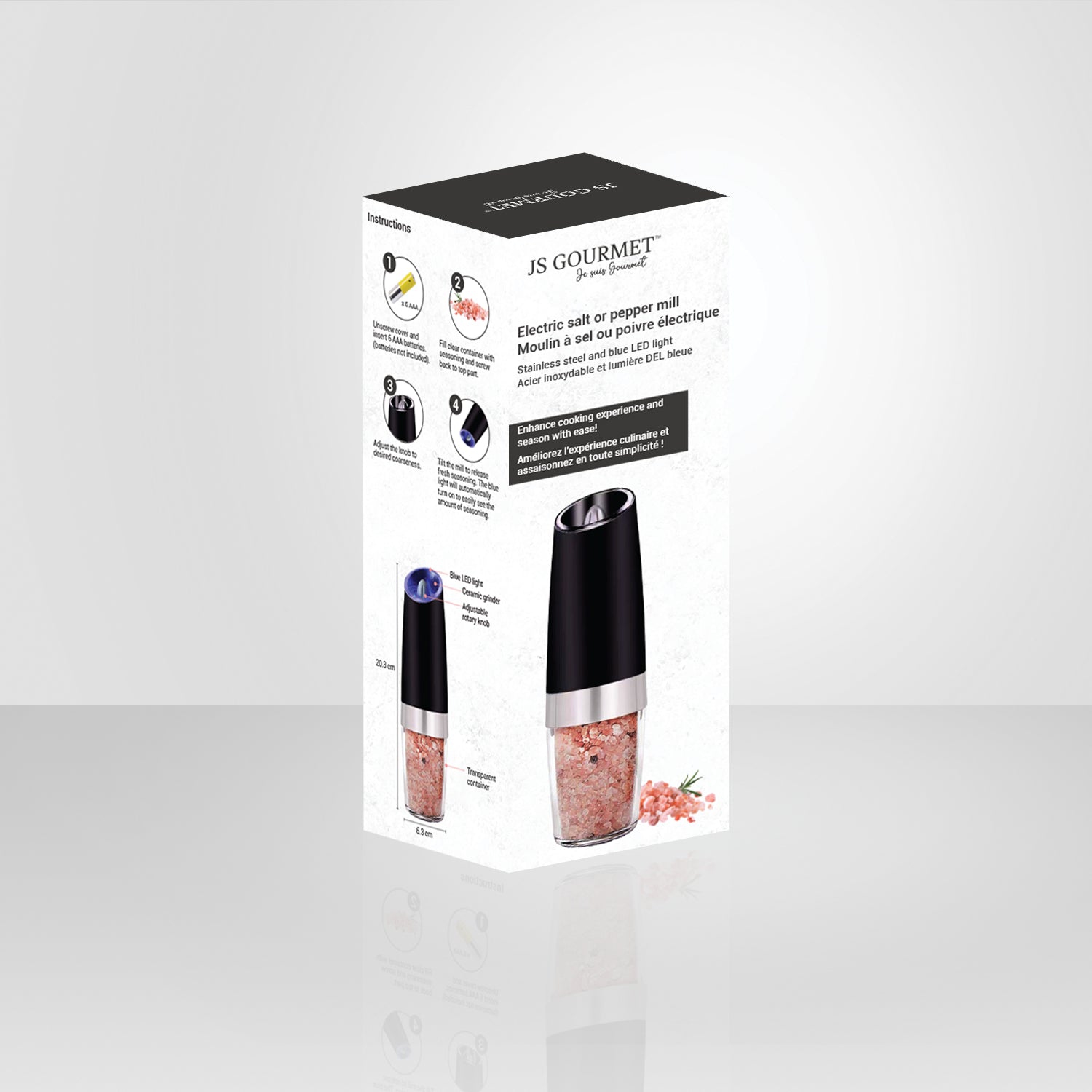 JS Gourmet – Moulin à sel électrique ou à poivre avec éclairage DEL bleu, noir