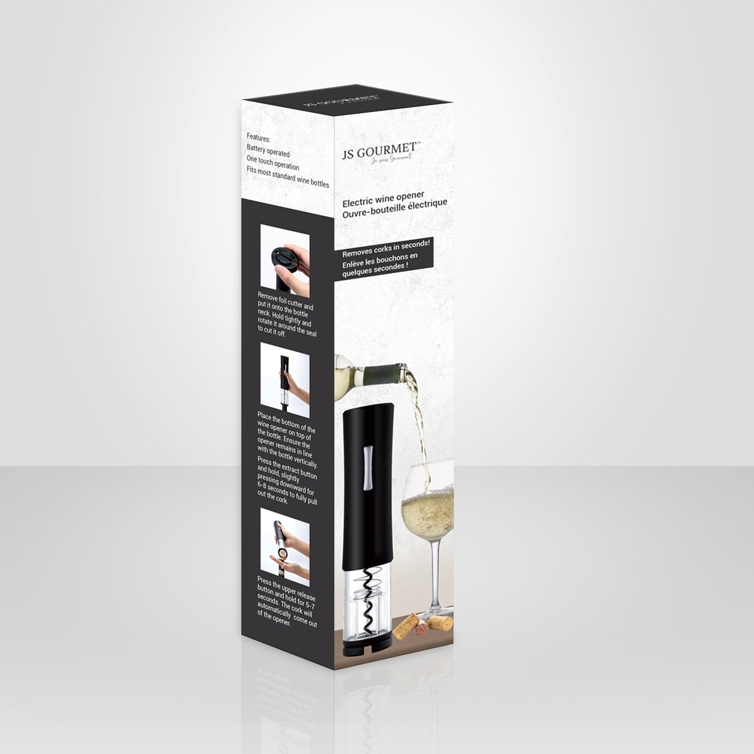 JS Gourmet - Battery Operated Electric Bottle Opener with Foil Cutter, Black