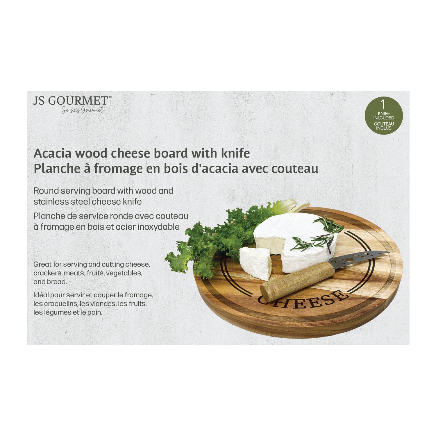 JS Gourmet - planche de service en bois d'acacia avec couteau à fromage
