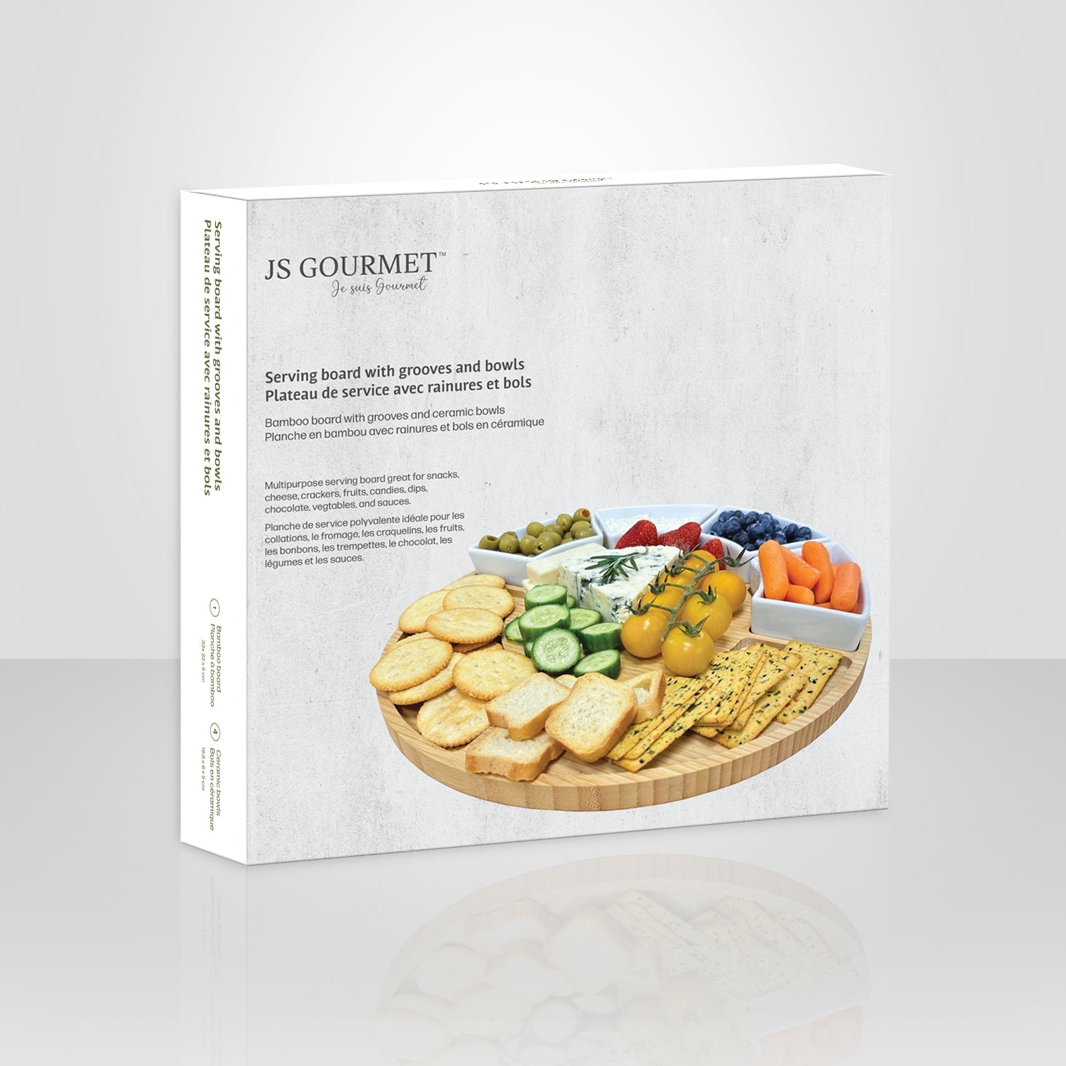 JS Gourmet – Ensemble de plateaux de service en bambou avec 4 bols en céramique