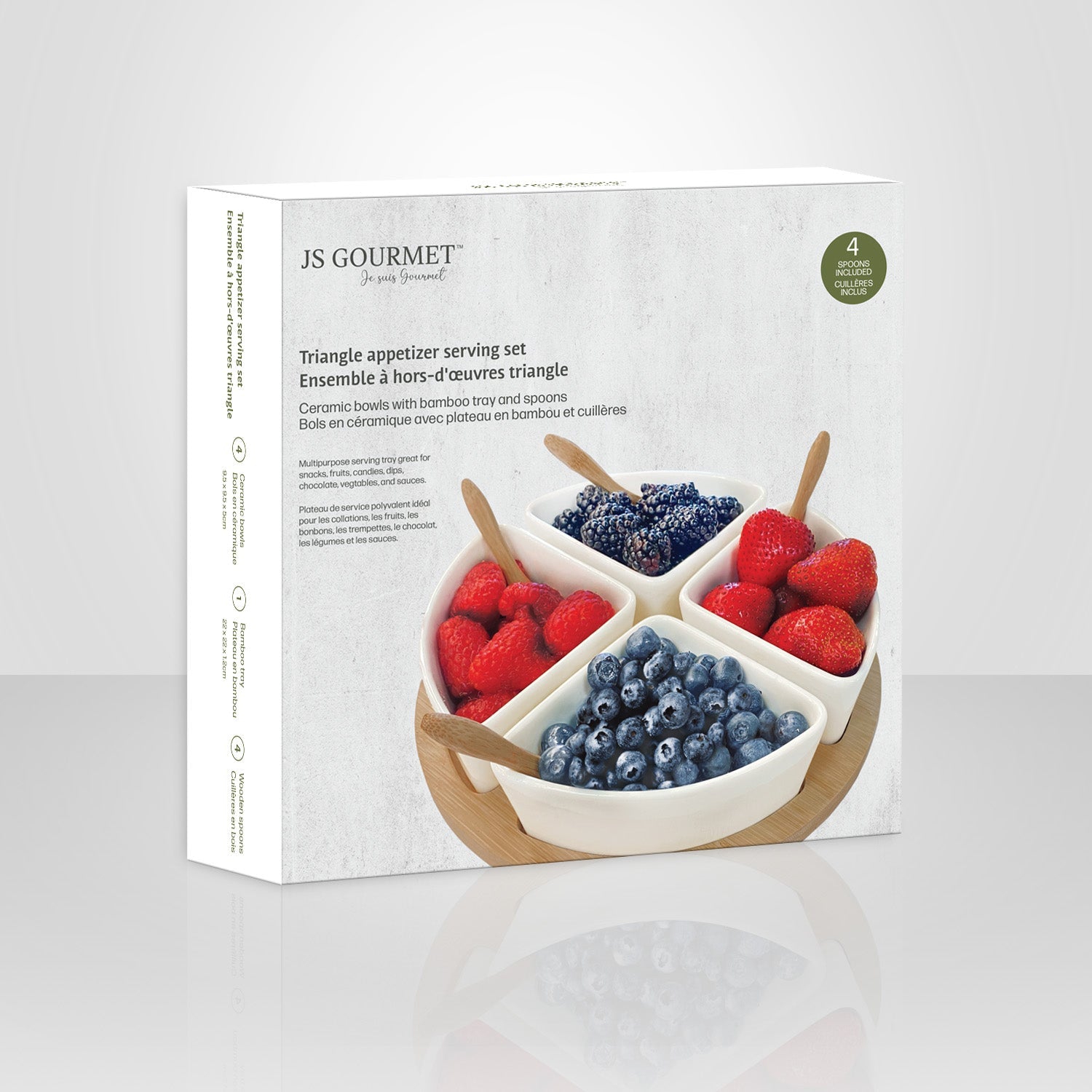 JS Gourmet – Ensemble de service pour hors-d'oeuvre, plateau en bambou, bols en céramique et cuillères