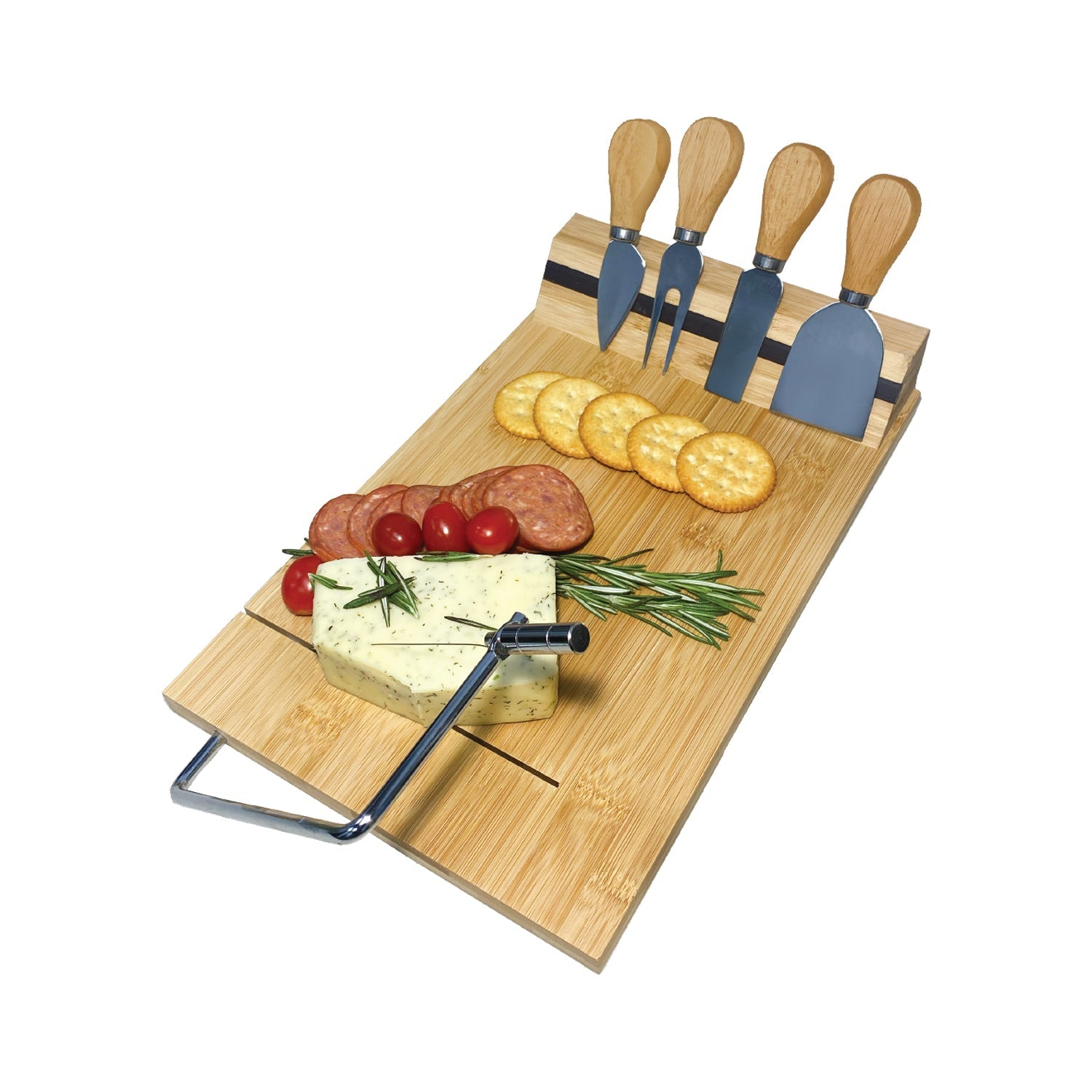 JS Gourmet - Bamboo Serving Board with Integrated Cheese Cutter and 4 Knives