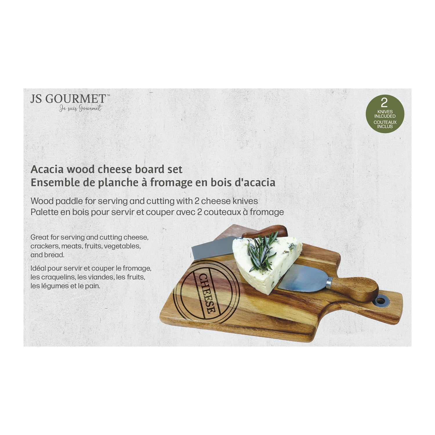JS Gourmet – Ensemble de planches de service en bois d’acacia avec 2 outils à fromage