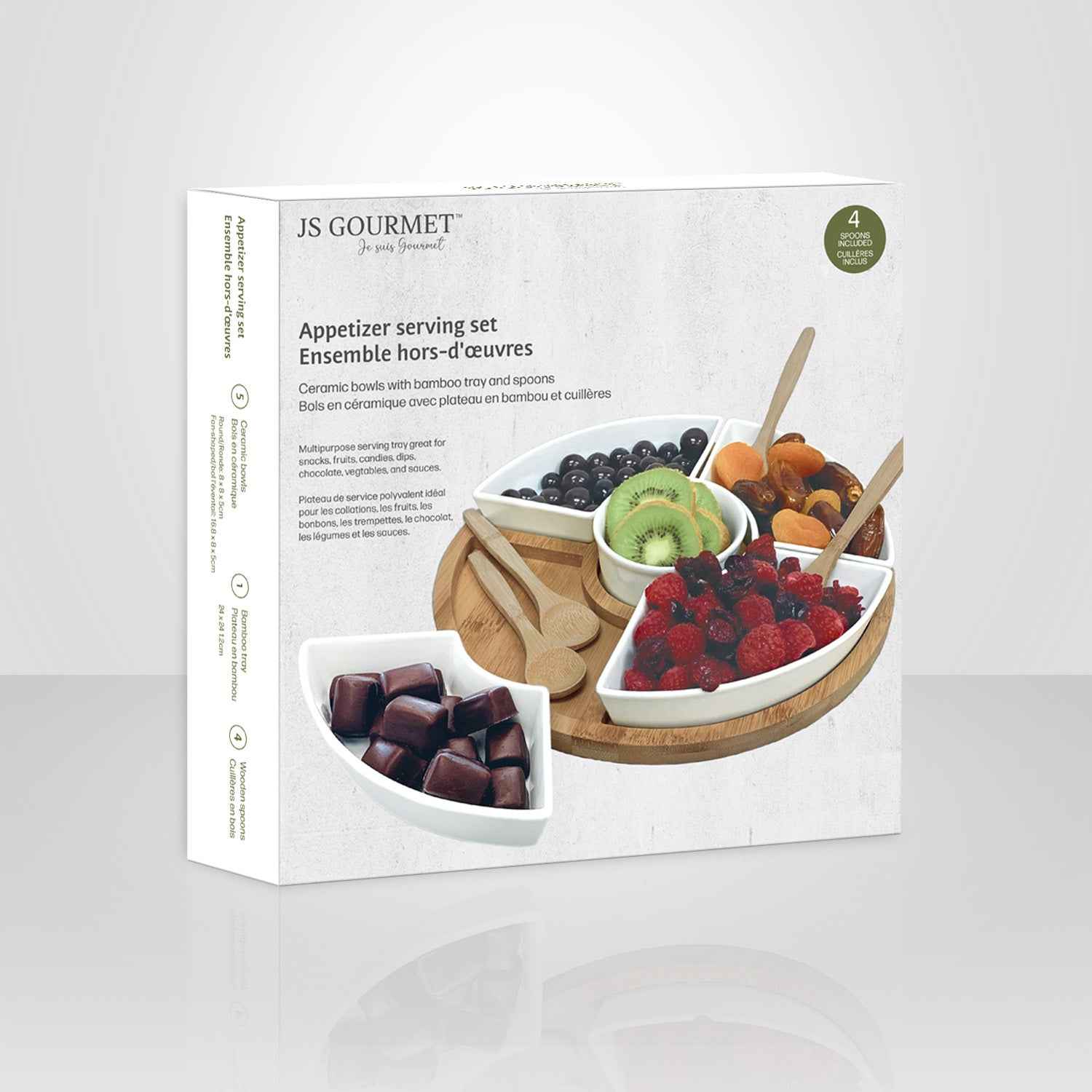 JS Gourmet - Appetizer Serving Set, Bamboo Tray, Ceramic Bowls and Spoons