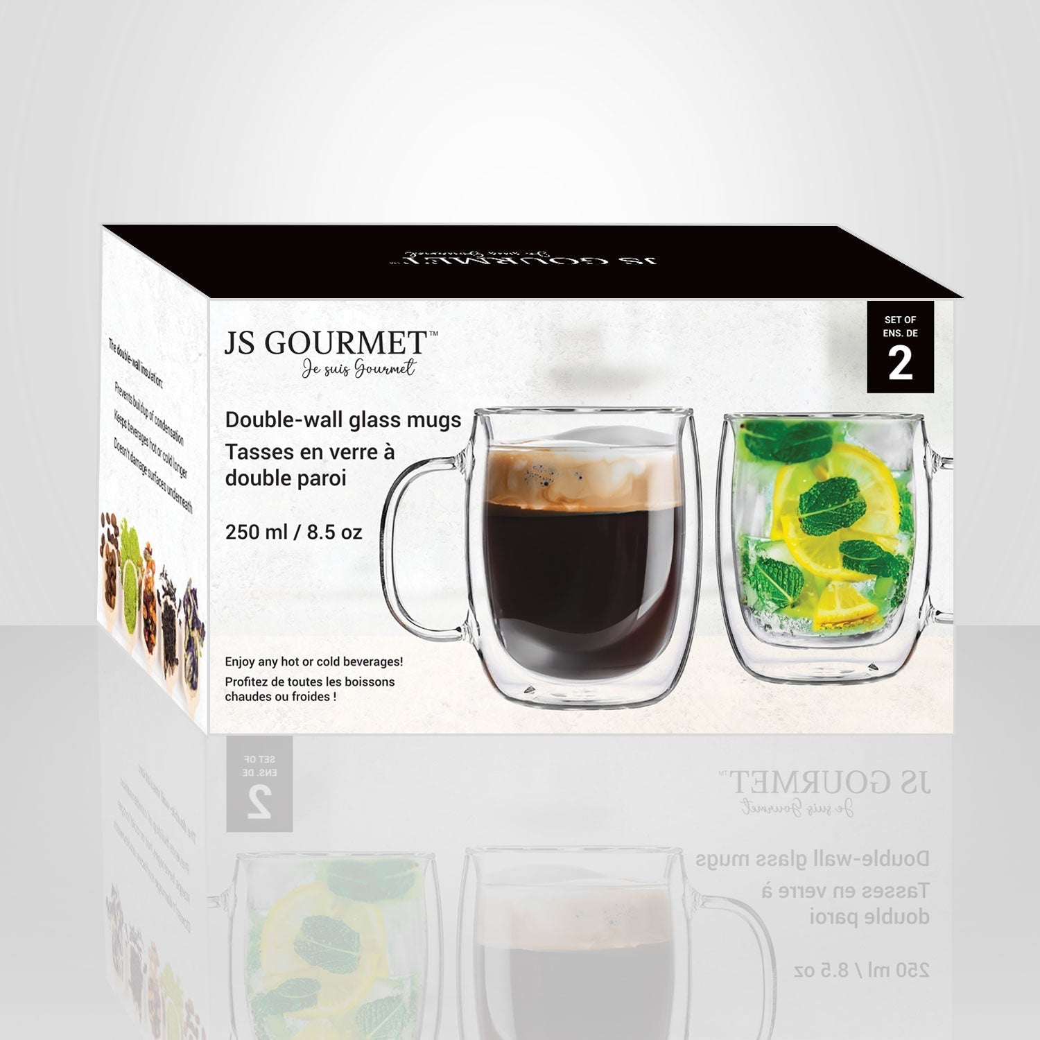 JS Gourmet - Set of 2 Double Walled Glass Mugs, 250ml Capacity
