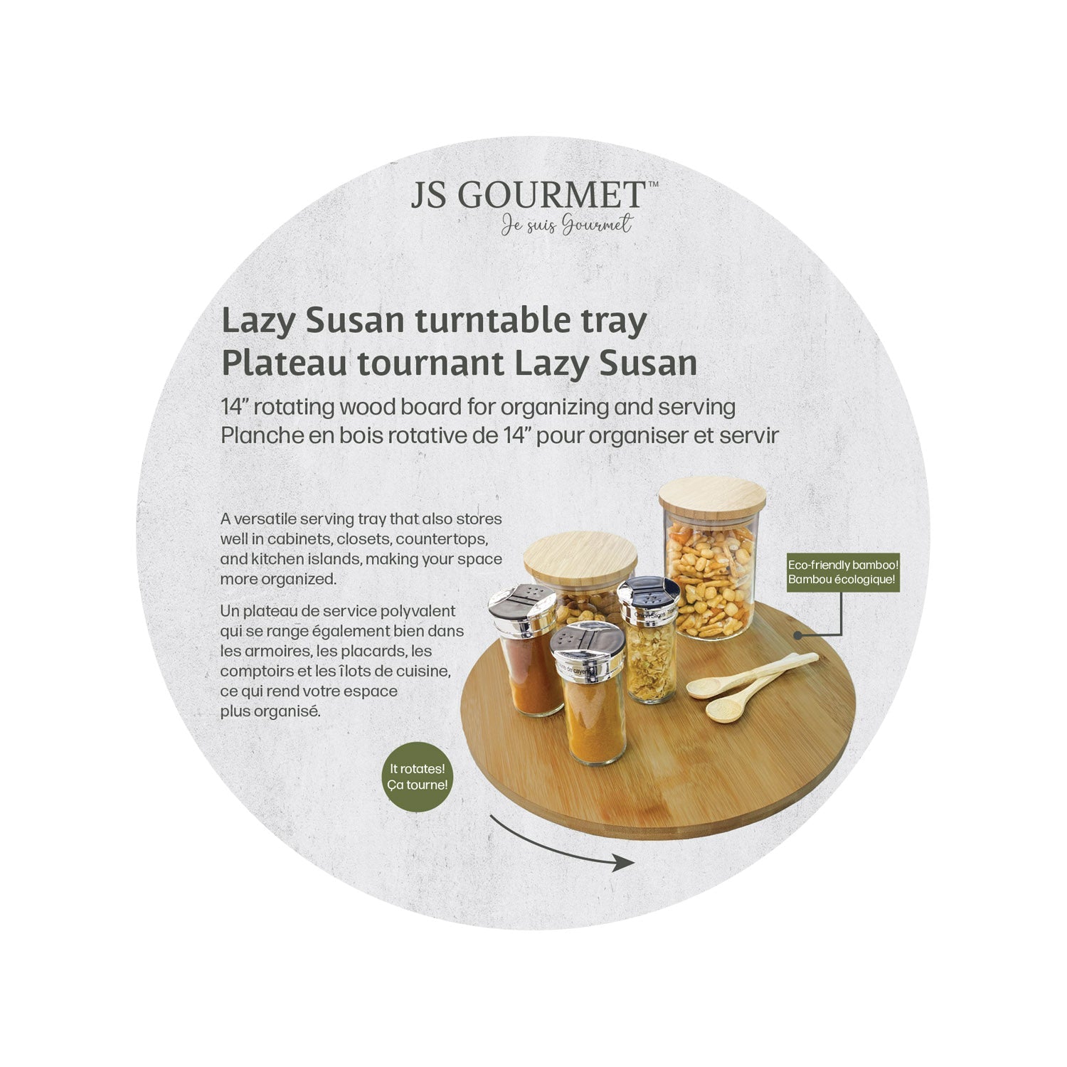 JS Gourmet - Bamboo Lazy Susan Turntable Tray, 14" Diameter