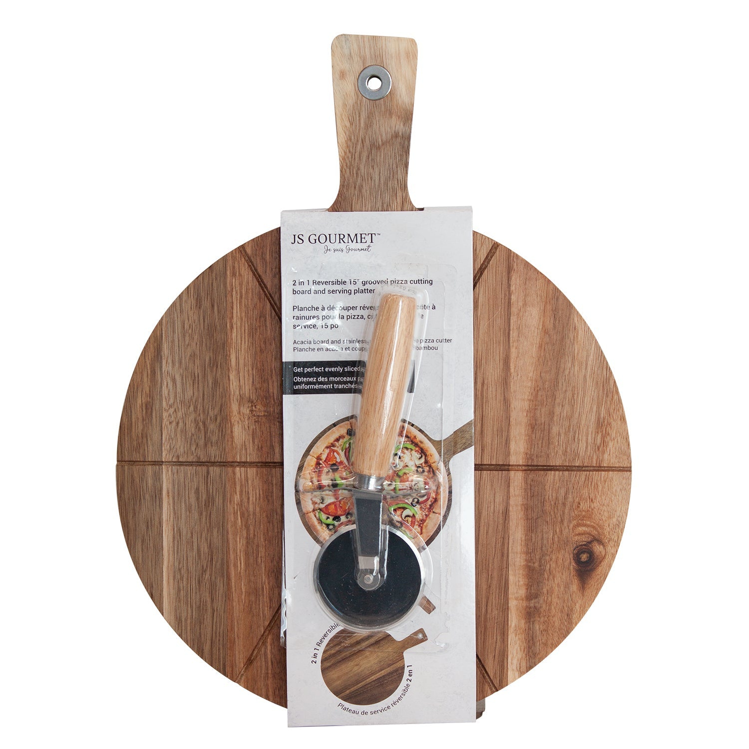 JS Gourmet - 2 in 1 Reversible Wooden Pizza Board, 15" Diameter