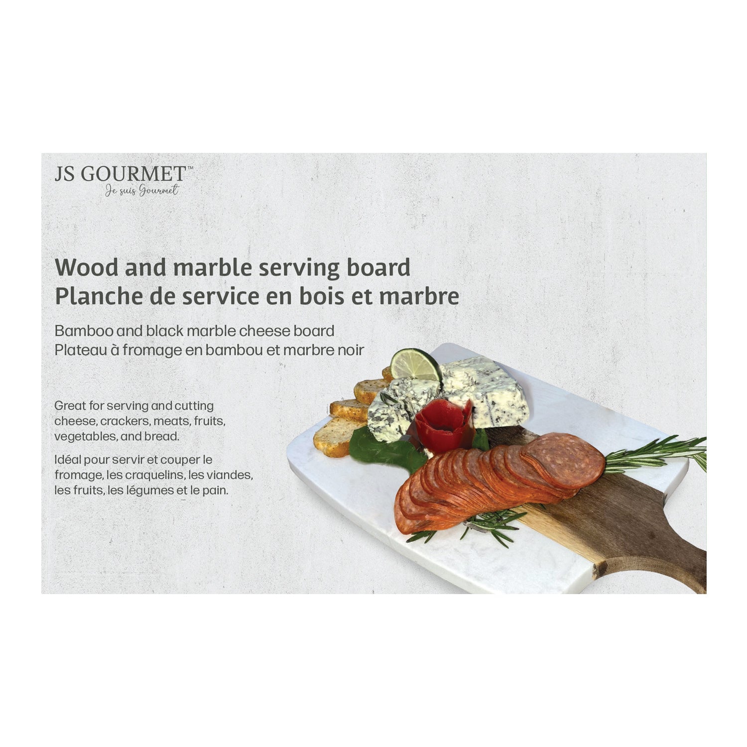 JS Gourmet - planche de service en bois et en marbre avec poignée