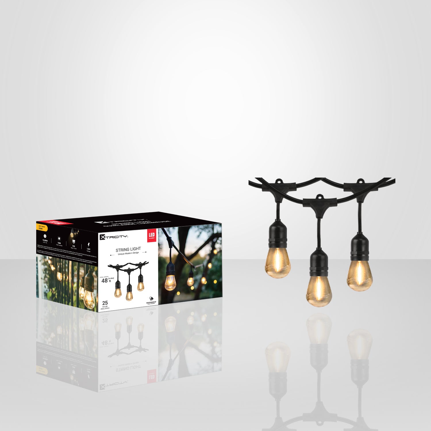 Xtricity - Outdoor LED String Lights, Waterproof, 48 Feet Long, 2200K Soft White