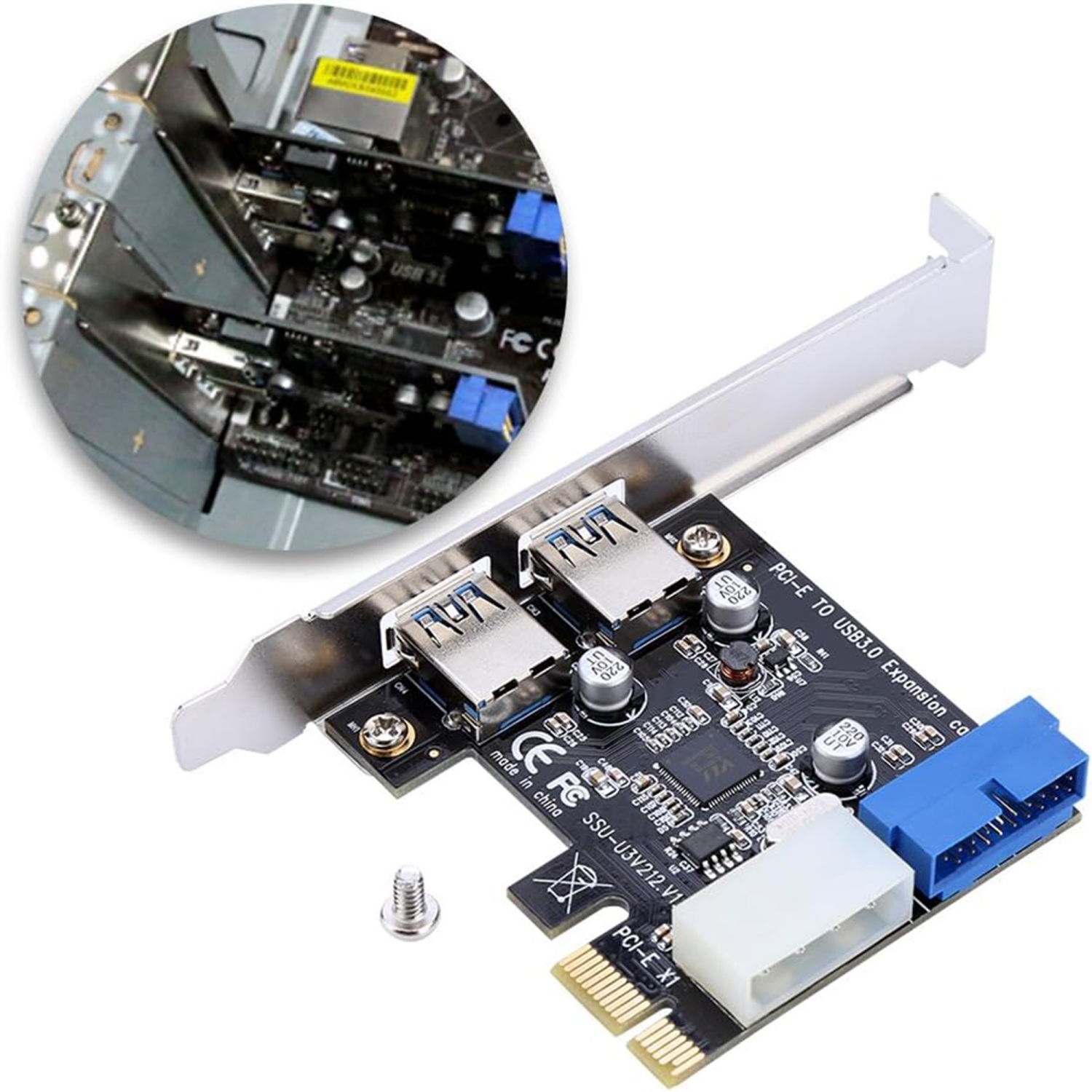 TECNII PCI-E to USB 3.0 2-Port Express Card with 20-Pin Connector, High-Speed Data Transfer, Easy Desktop Installation, Expands USB Ports, Backward