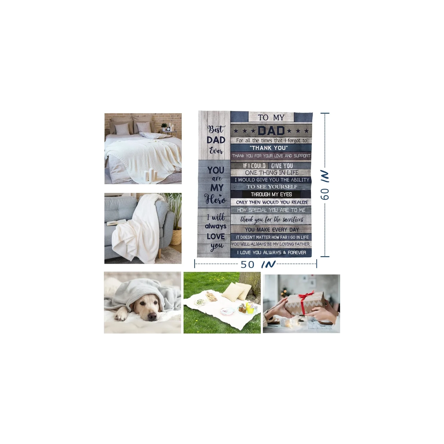 Best Dad Ever Flannel Throw Blanket | Perfect Valentine's or Birthday Gift from Daughter or Son | 60'' x 50"