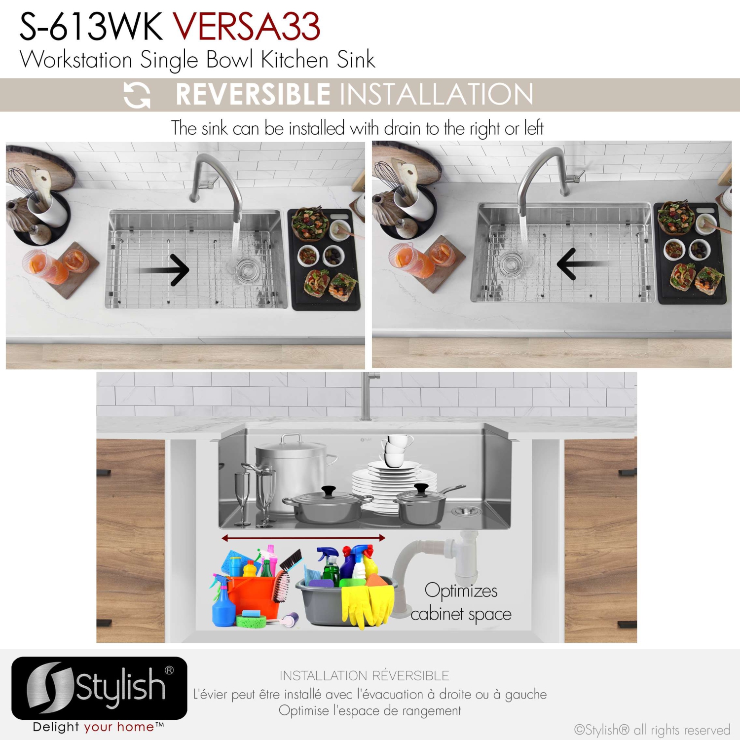 Stylish Versa33 Undermount 33" Workstation Stainless Steel 16-gauge Single-Bowl Kitchen Sink with Black Accessories S-613WK