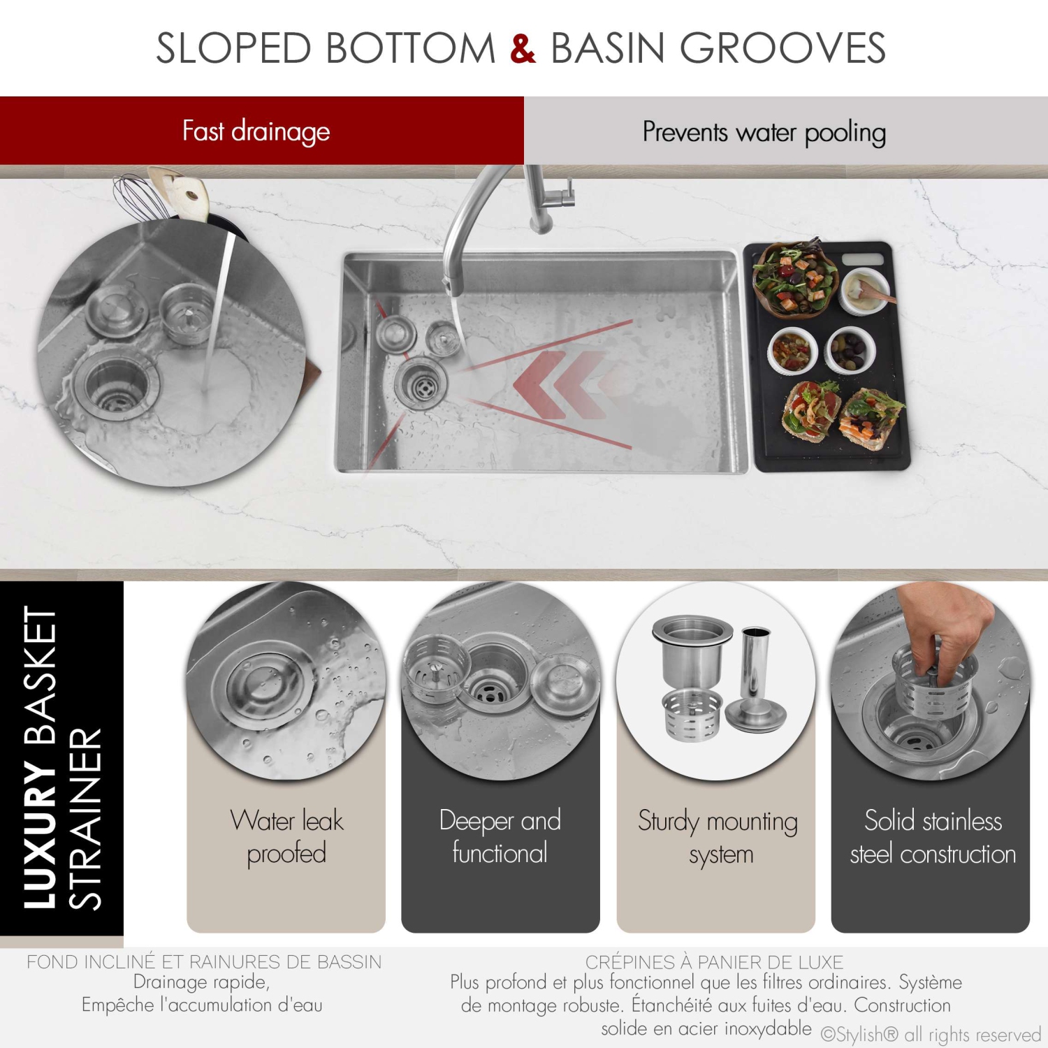 Stylish Versa33 Undermount 33" Workstation Stainless Steel 16-gauge Single-Bowl Kitchen Sink with Black Accessories S-613WK