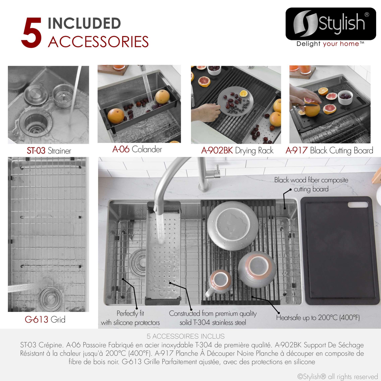 Stylish Versa33 Undermount 33" Workstation Stainless Steel 16-gauge Single-Bowl Kitchen Sink with Black Accessories S-613WK