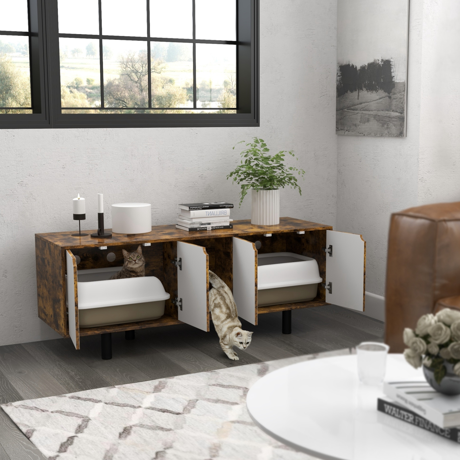 PawHut – Boîte de litière pour chats cachée pour 2 chats, meuble pour téléviseur Litter Box avec 2 armoires, tampon de drainage pour sable, portes