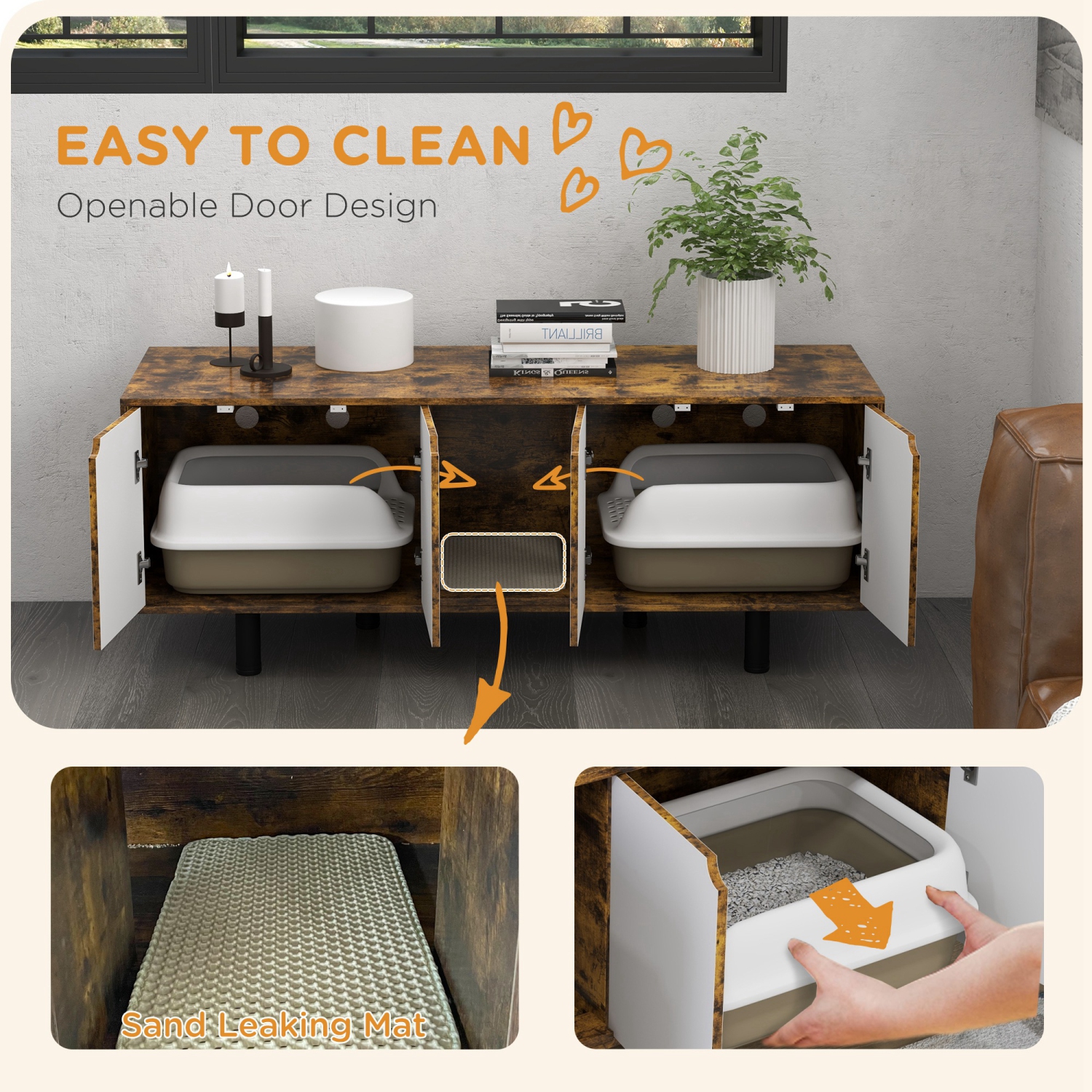 PawHut – Boîte de litière pour chats cachée pour 2 chats, meuble pour téléviseur Litter Box avec 2 armoires, tampon de drainage pour sable, portes