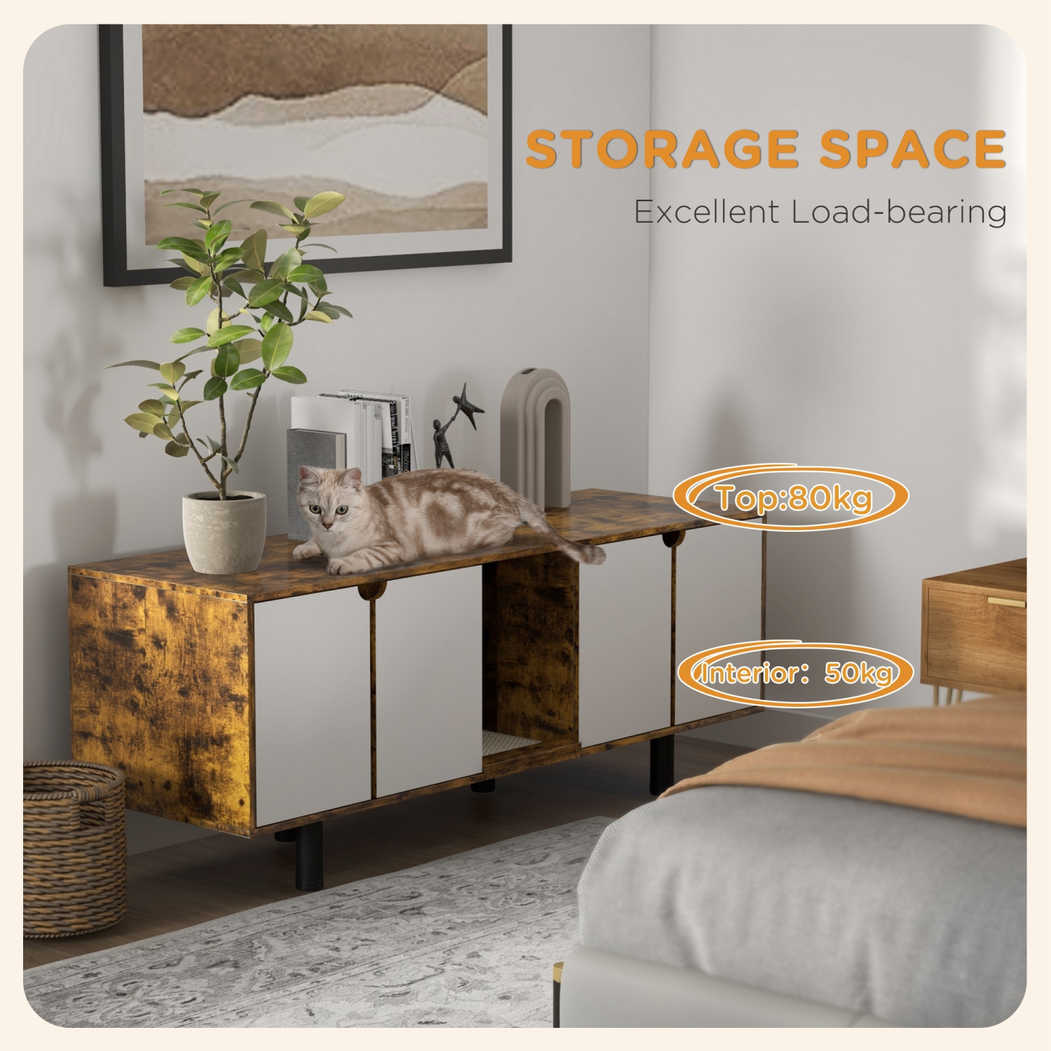 PawHut – Boîte de litière pour chats cachée pour 2 chats, meuble pour téléviseur Litter Box avec 2 armoires, tampon de drainage pour sable, portes