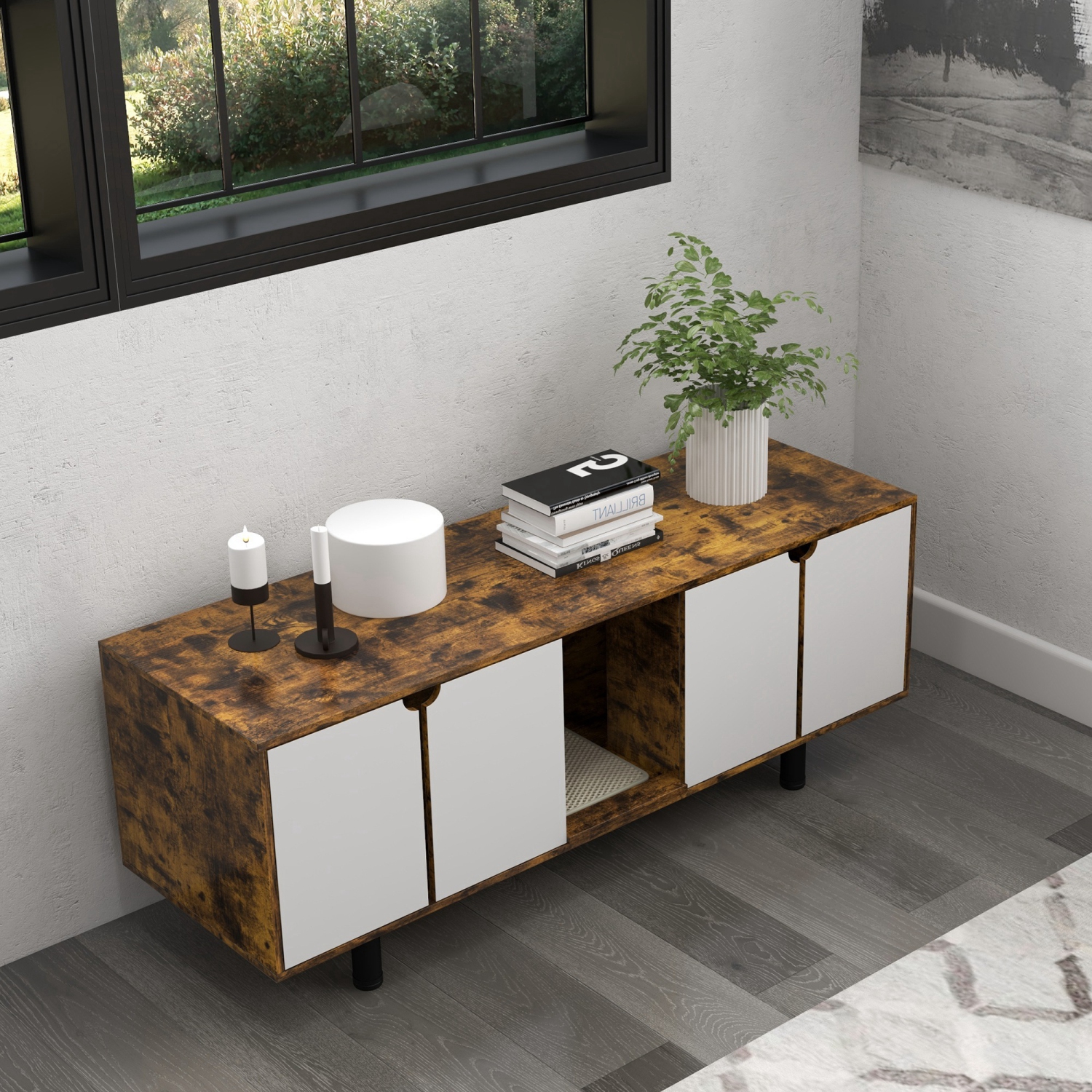 PawHut – Boîte de litière pour chats cachée pour 2 chats, meuble pour téléviseur Litter Box avec 2 armoires, tampon de drainage pour sable, portes