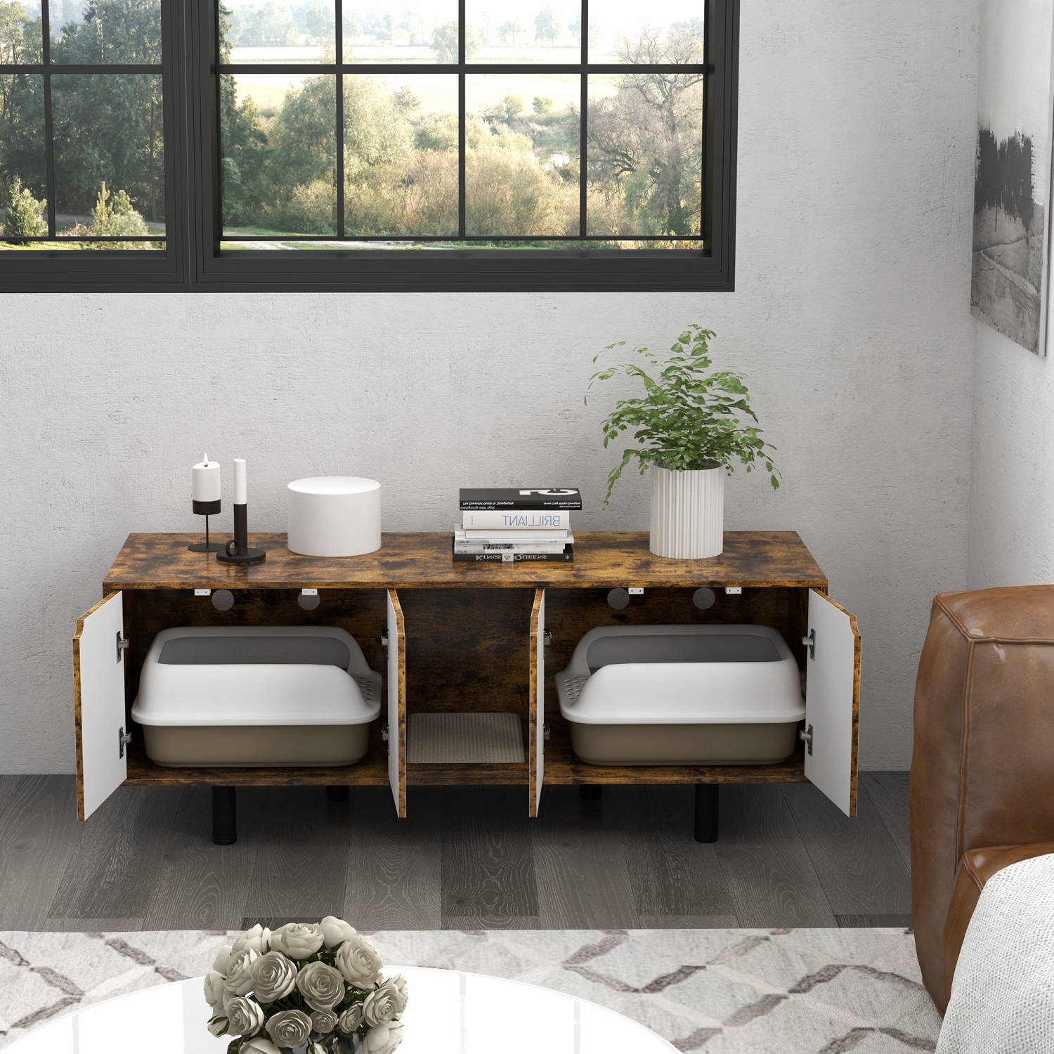 PawHut – Boîte de litière pour chats cachée pour 2 chats, meuble pour téléviseur Litter Box avec 2 armoires, tampon de drainage pour sable, portes