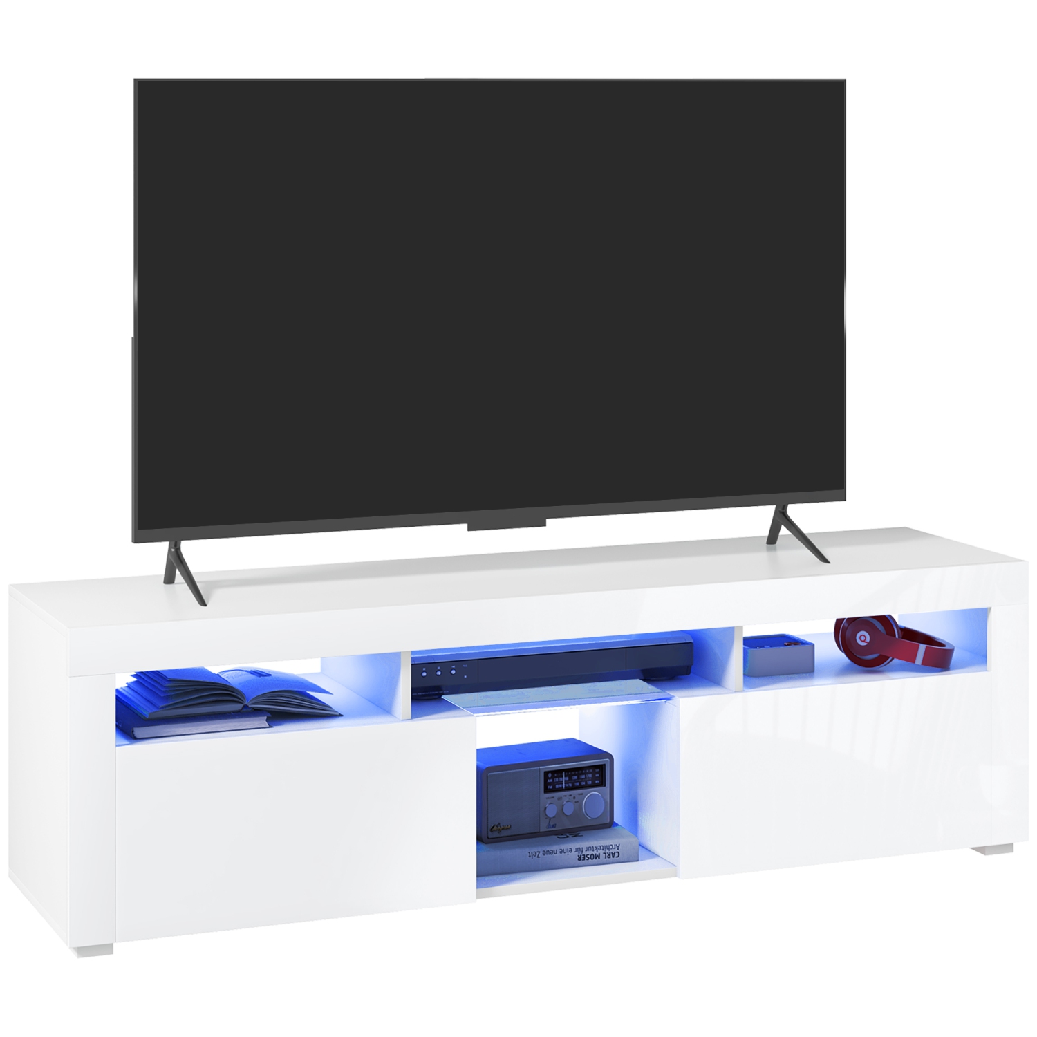 HOMCOM High Gloss TV Stand with LED Lights for TVs up to 55 Inch, Entertainment Center with Storage Compartments and Cabinets, Modern TV Console for