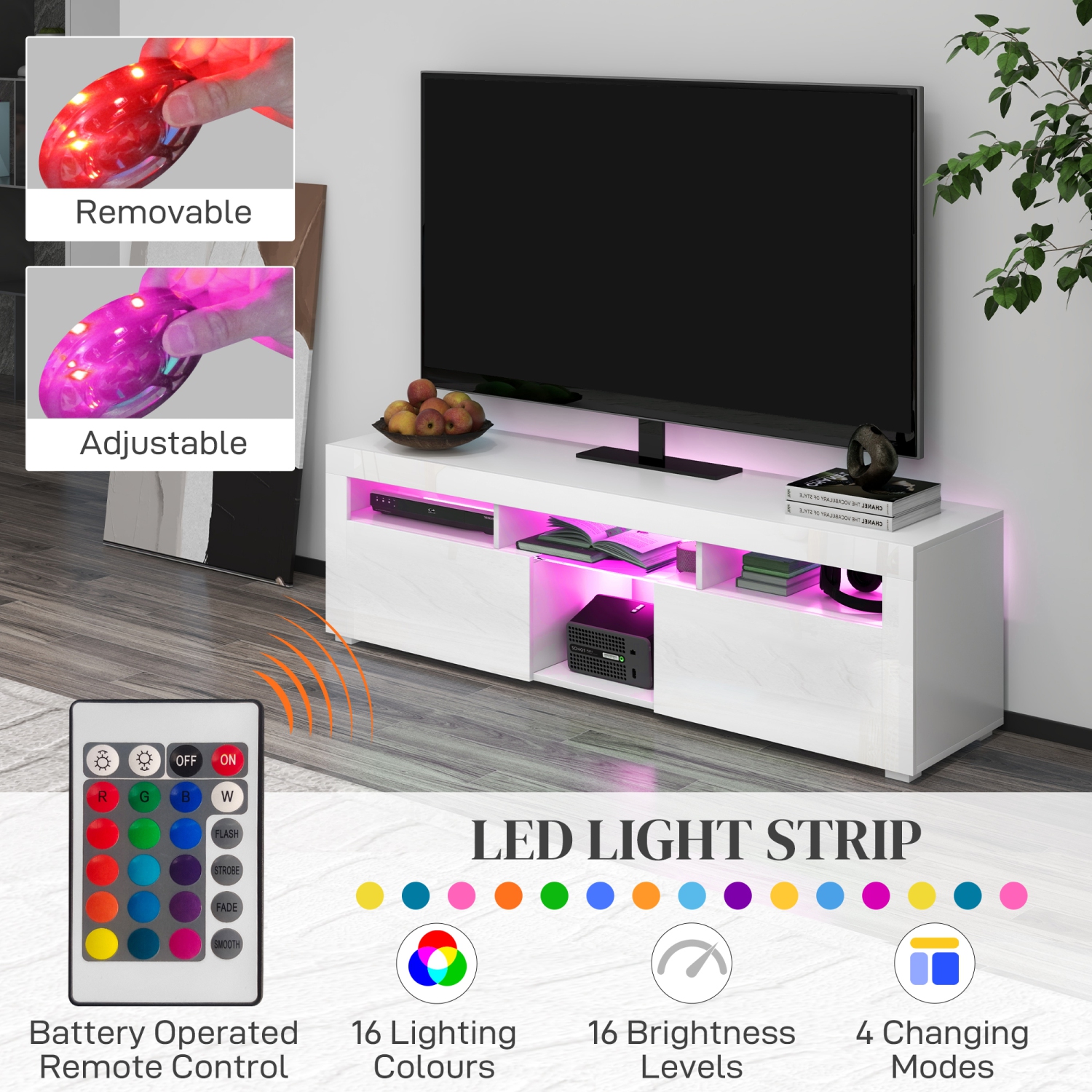 HOMCOM High Gloss TV Stand with LED Lights for TVs up to 55 Inch, Entertainment Center with Storage Compartments and Cabinets, Modern TV Console for