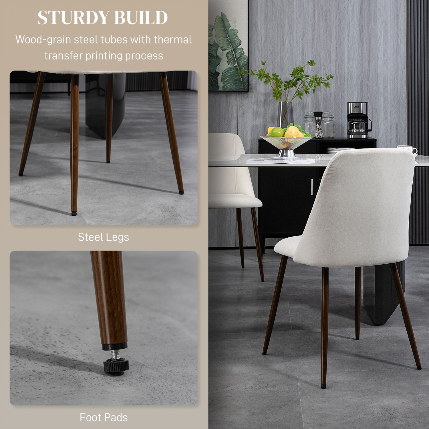 HOMCOM Dining Chairs Set of 4, Modern Kitchen Chairs with Velvet-touch Upholstery, Curved Back and Wood-grain Steel Legs, Accent Chairs for Living